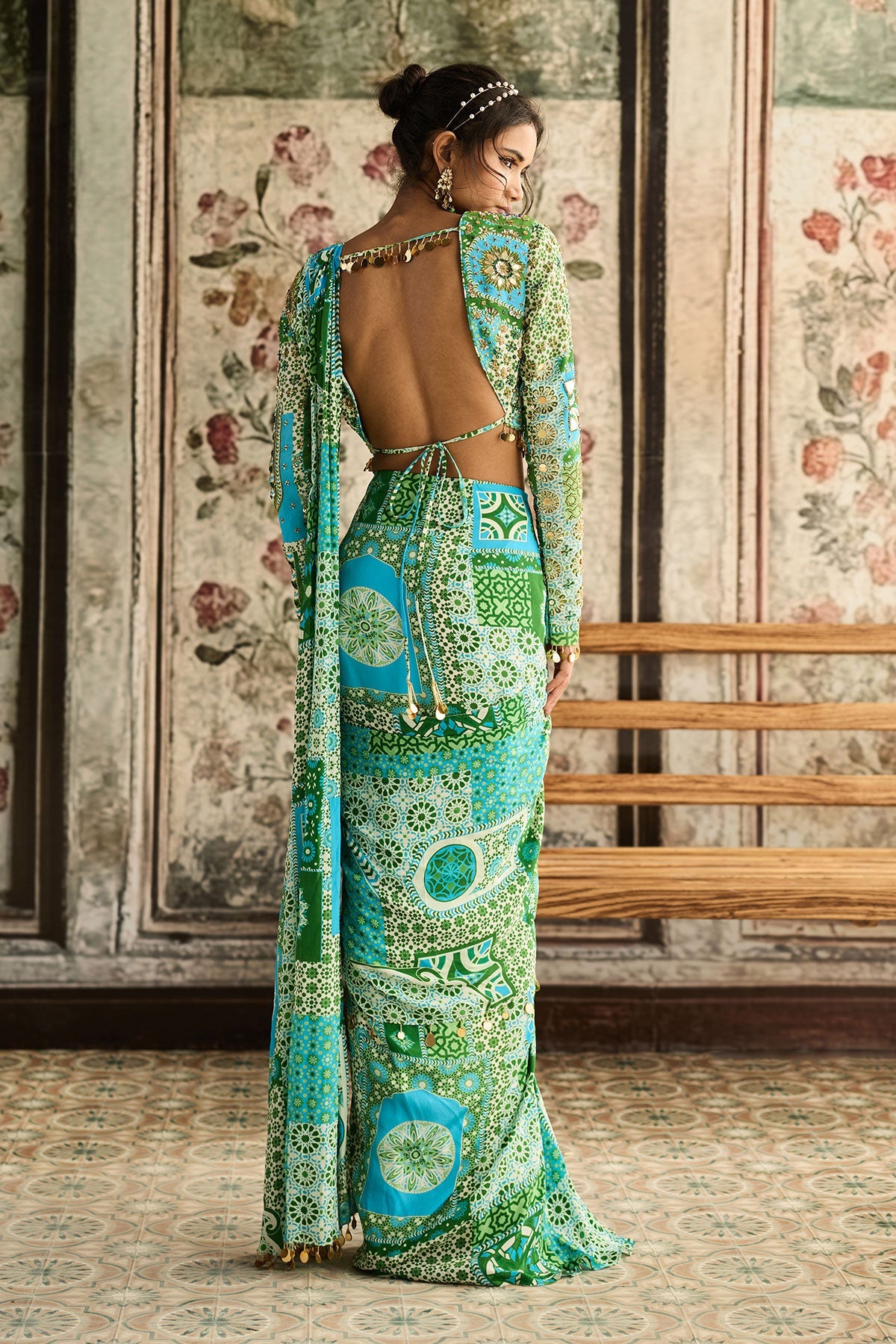 Aqua Print And Highlighted Dhoti Saree Set