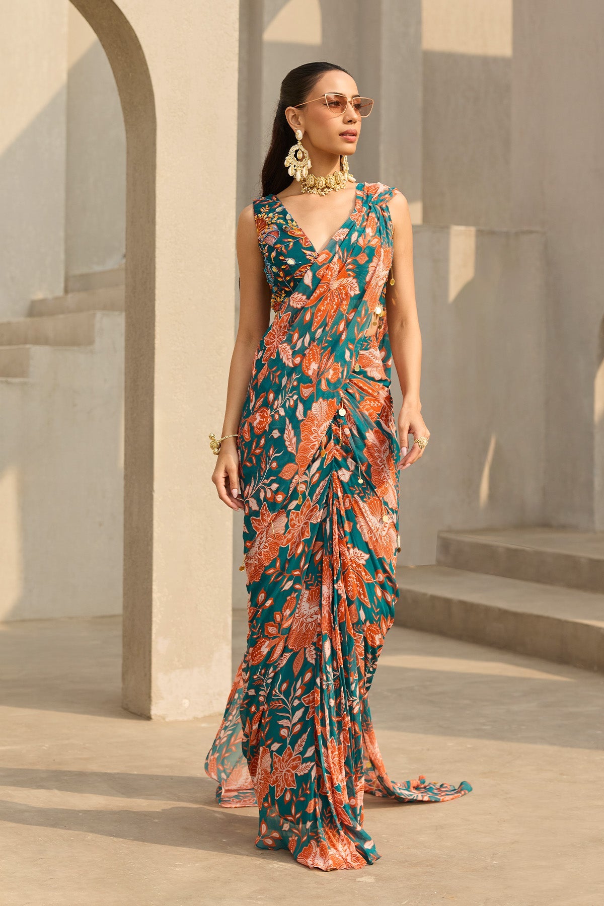 TEAL & RUST FLORAL PRINTED SAREE SET - Ready To Ship