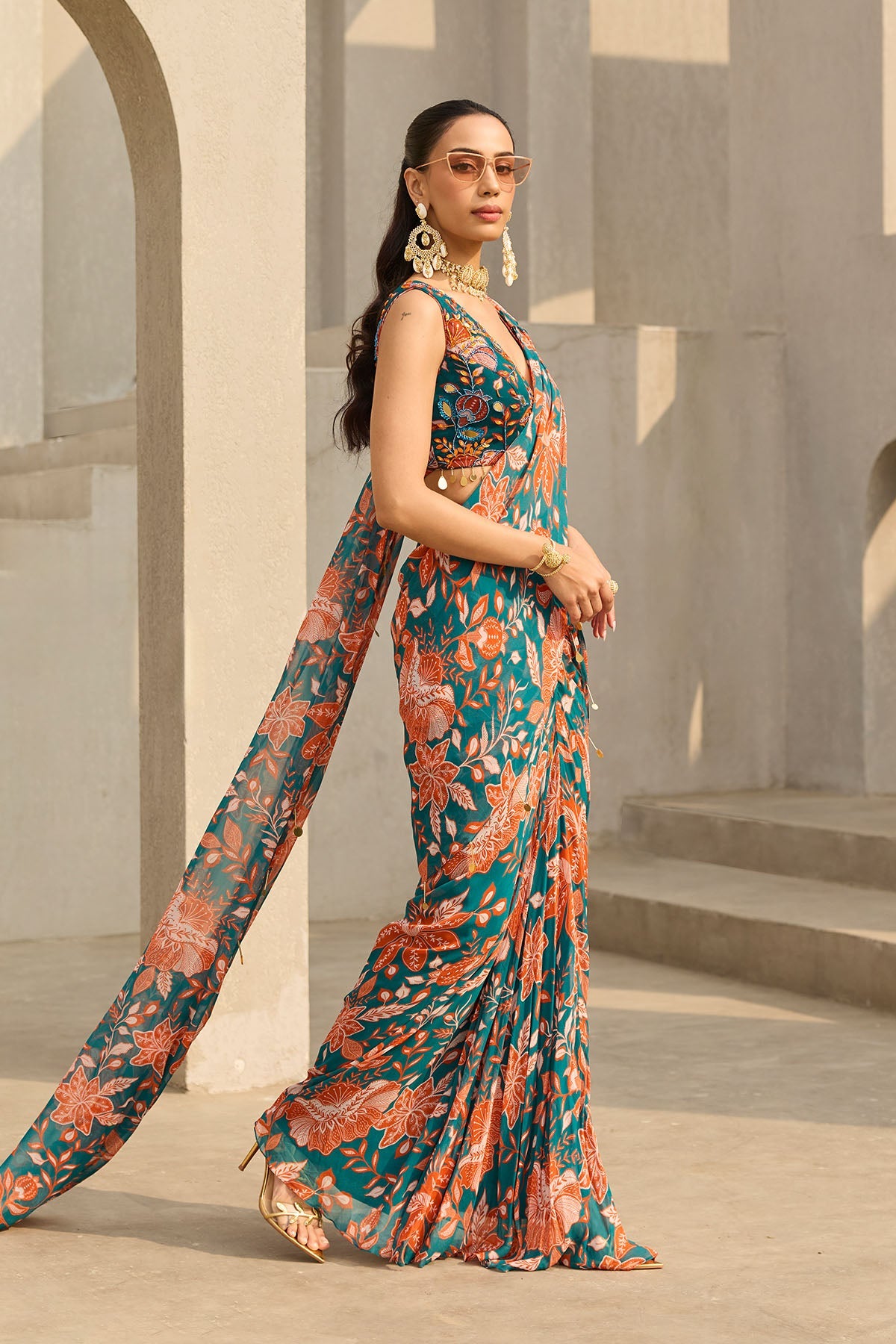 TEAL & RUST FLORAL PRINTED SAREE SET - Ready To Ship