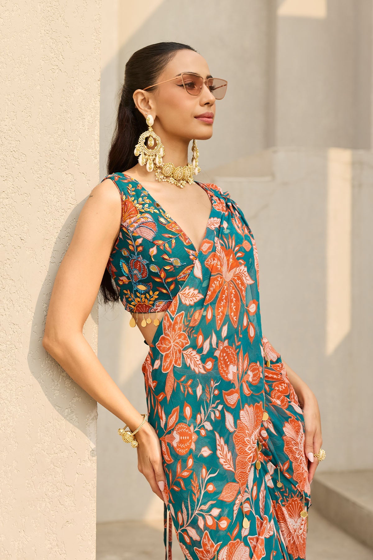 TEAL & RUST FLORAL PRINTED SAREE SET - Ready To Ship