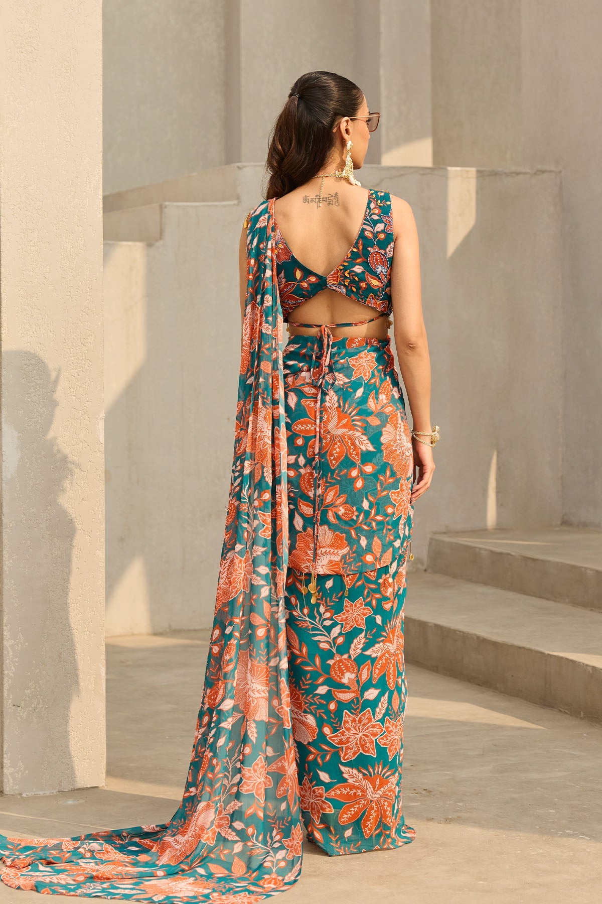 TEAL & RUST FLORAL PRINTED SAREE SET - Ready To Ship