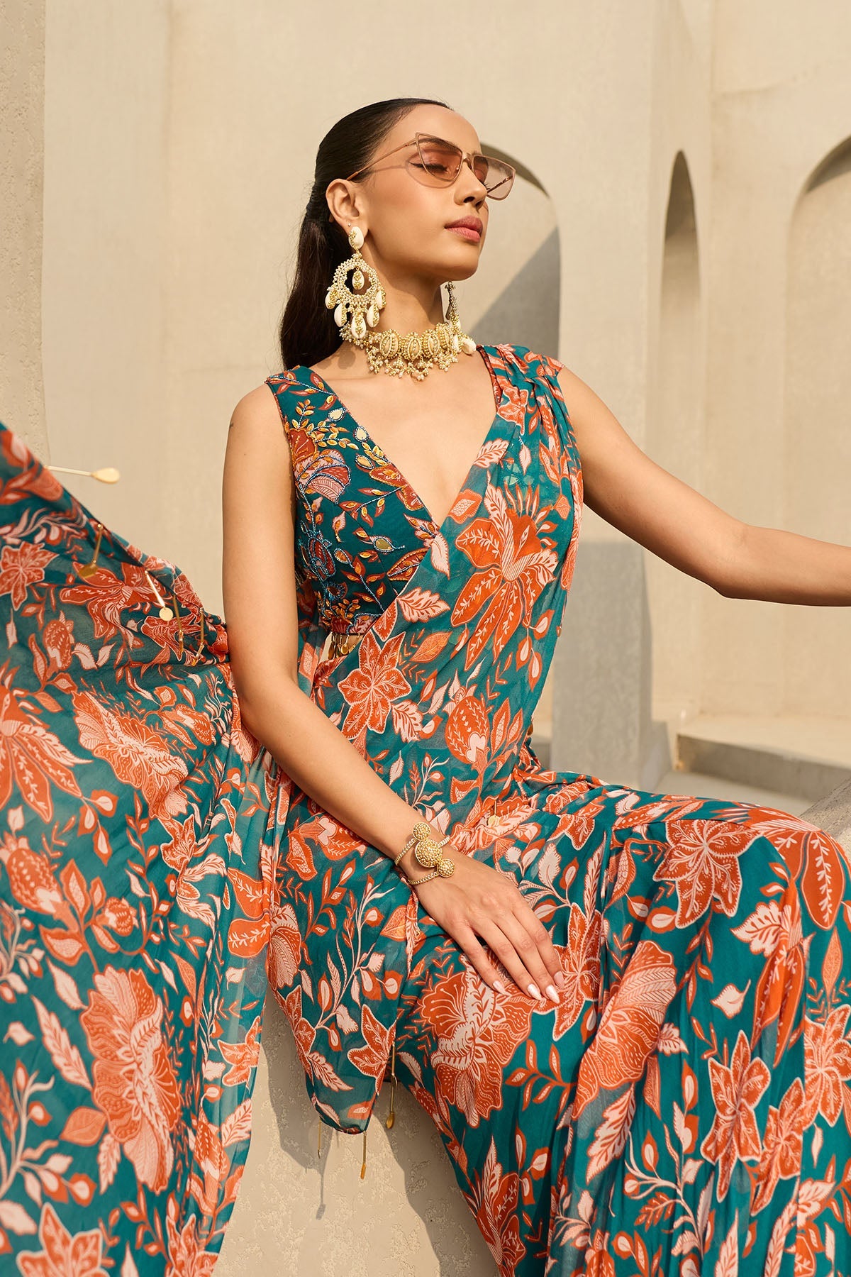 TEAL & RUST FLORAL PRINTED SAREE SET
