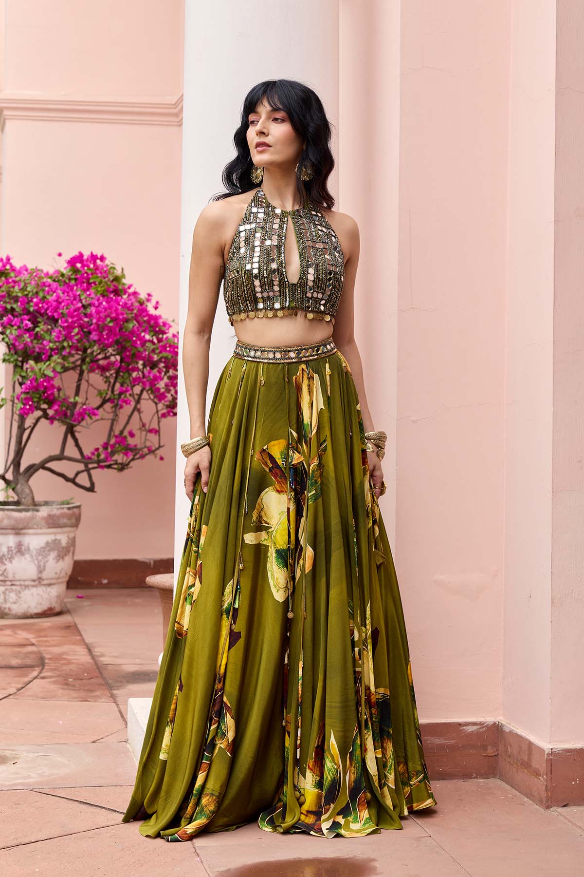 Matcha Green Floral Tasseled Lehenga Set