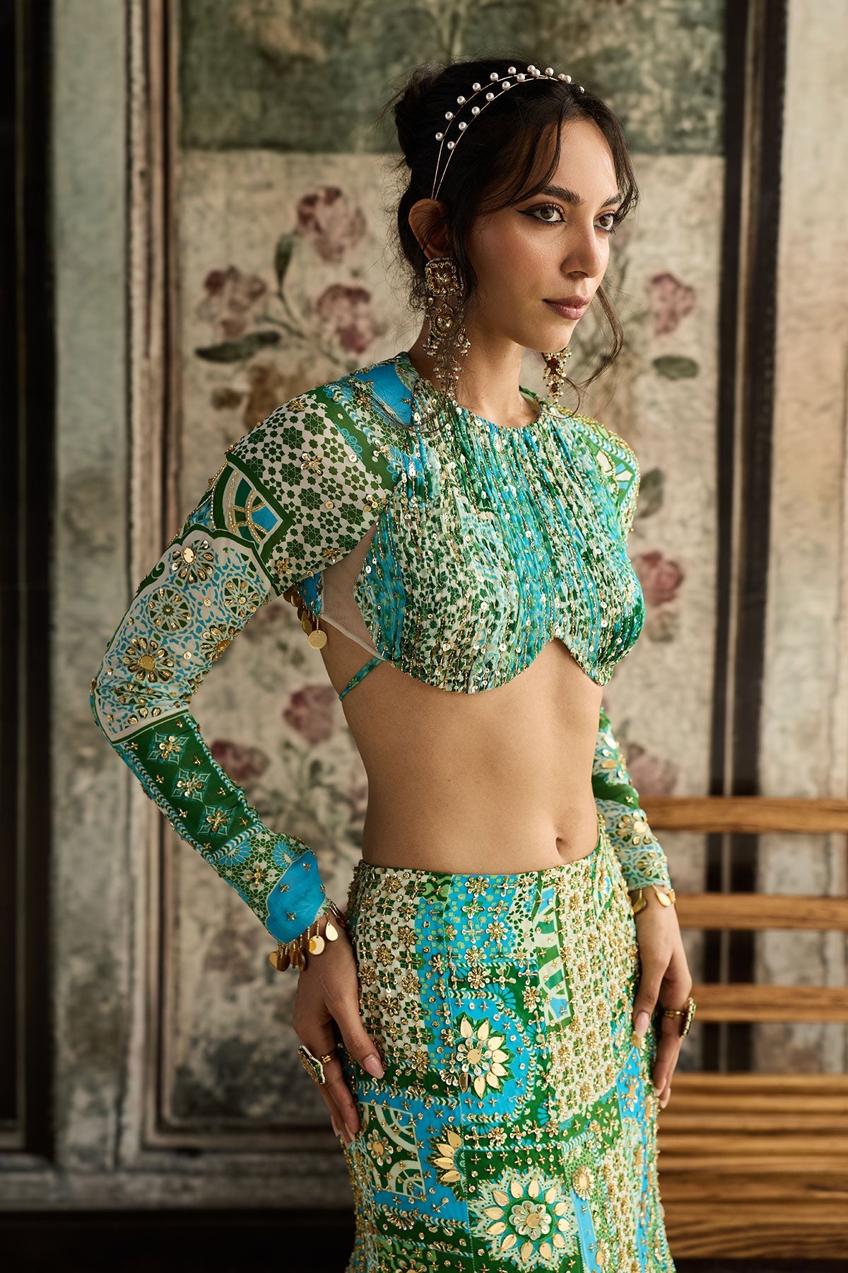 Aqua Print And Highlighted Ruched Blouse Mermaid Skirt Set