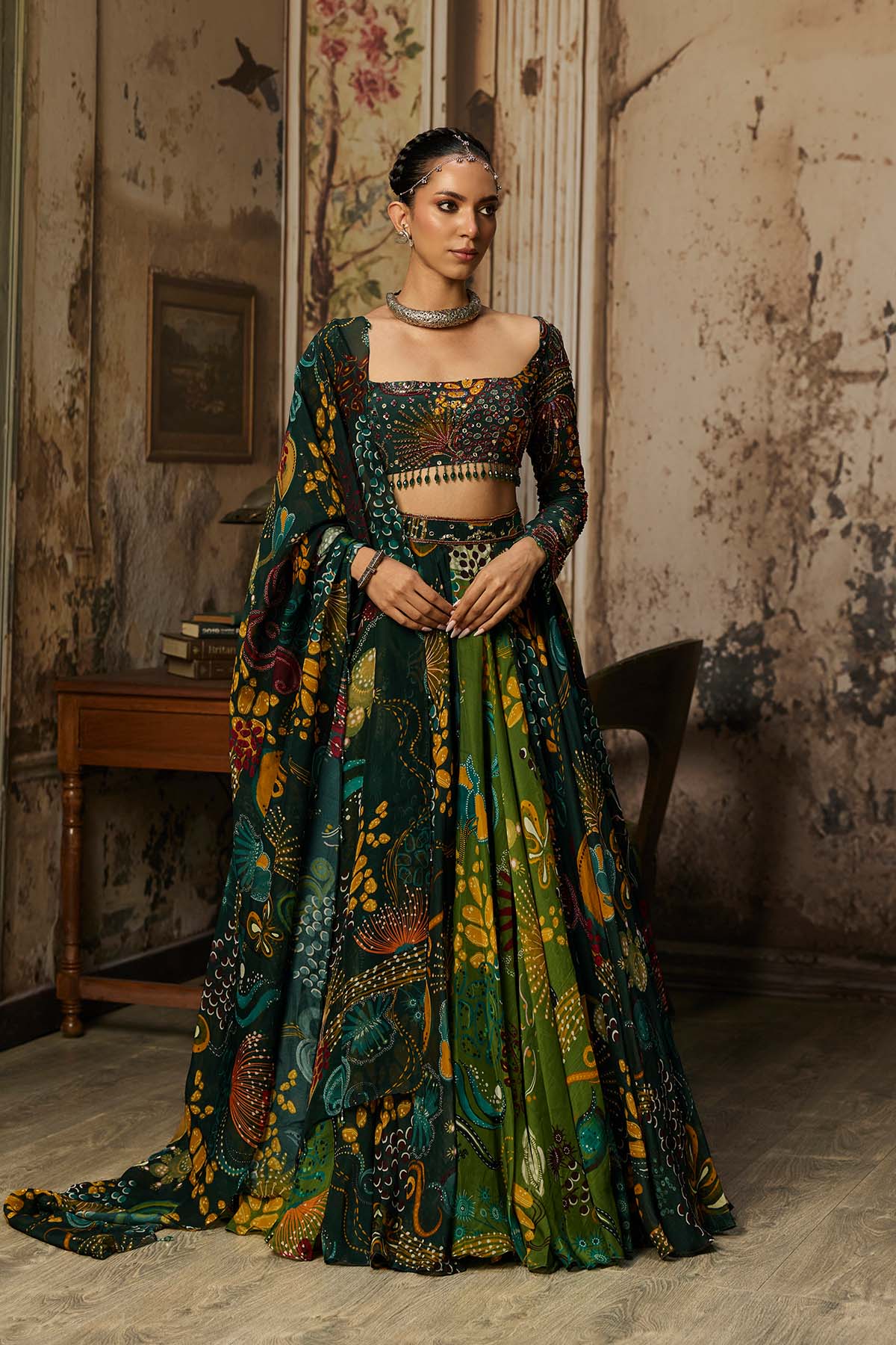 DARK GREEN DUAL PRINTED AND HIGHLIGHTED LEHENGA SET