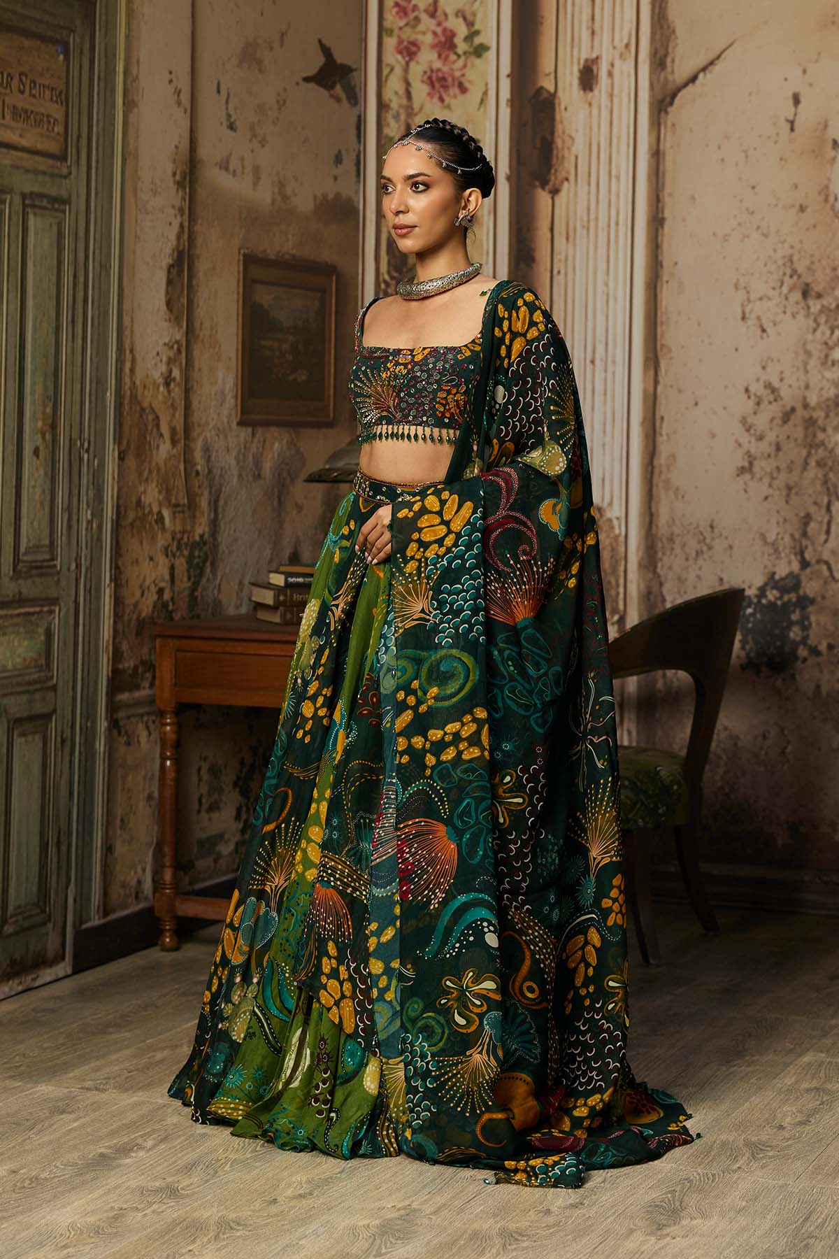 DARK GREEN DUAL PRINTED AND HIGHLIGHTED LEHENGA SET