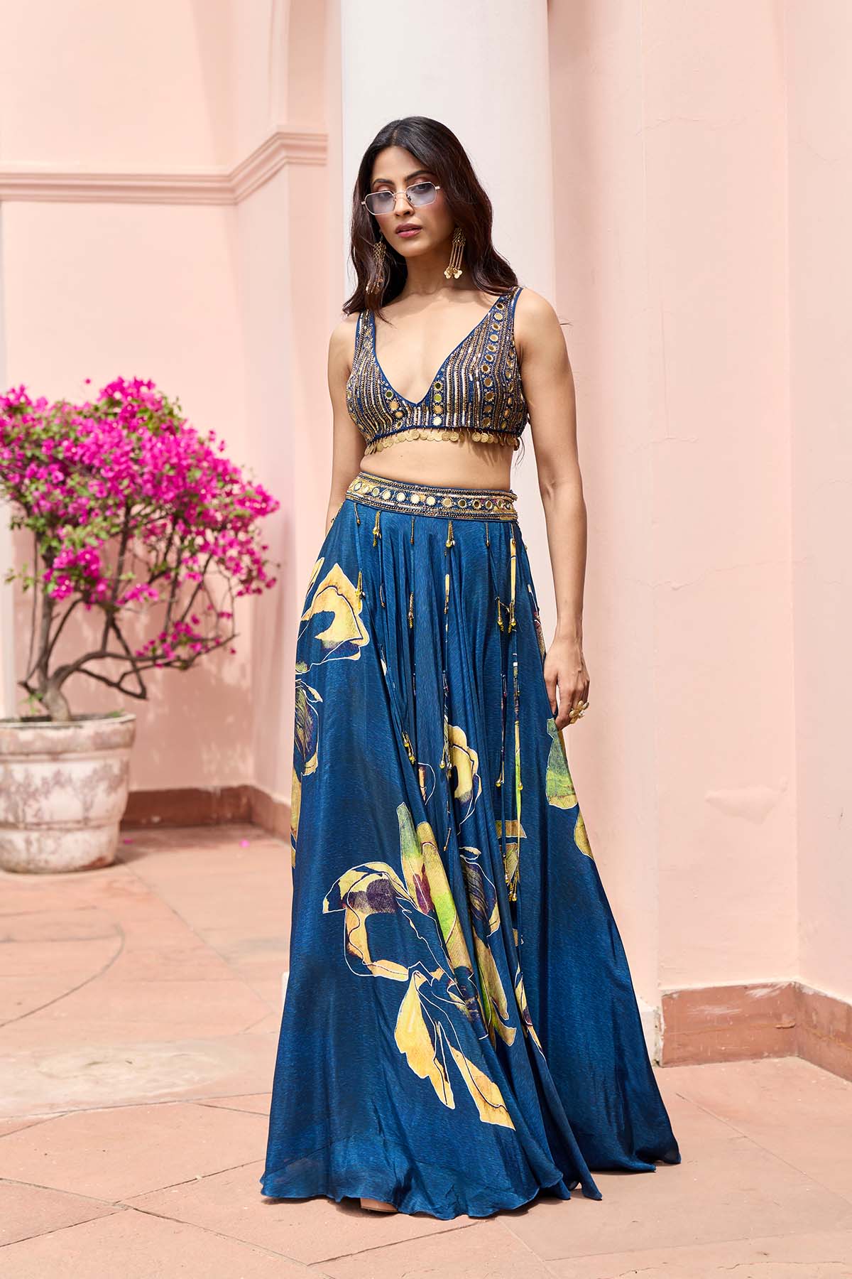 Navygold Floral Printed Lehenga Set