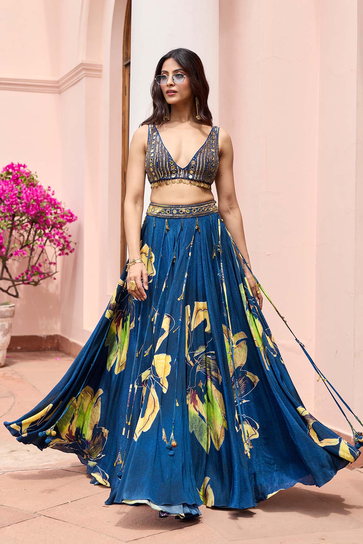 Navygold Floral Printed Lehenga Set