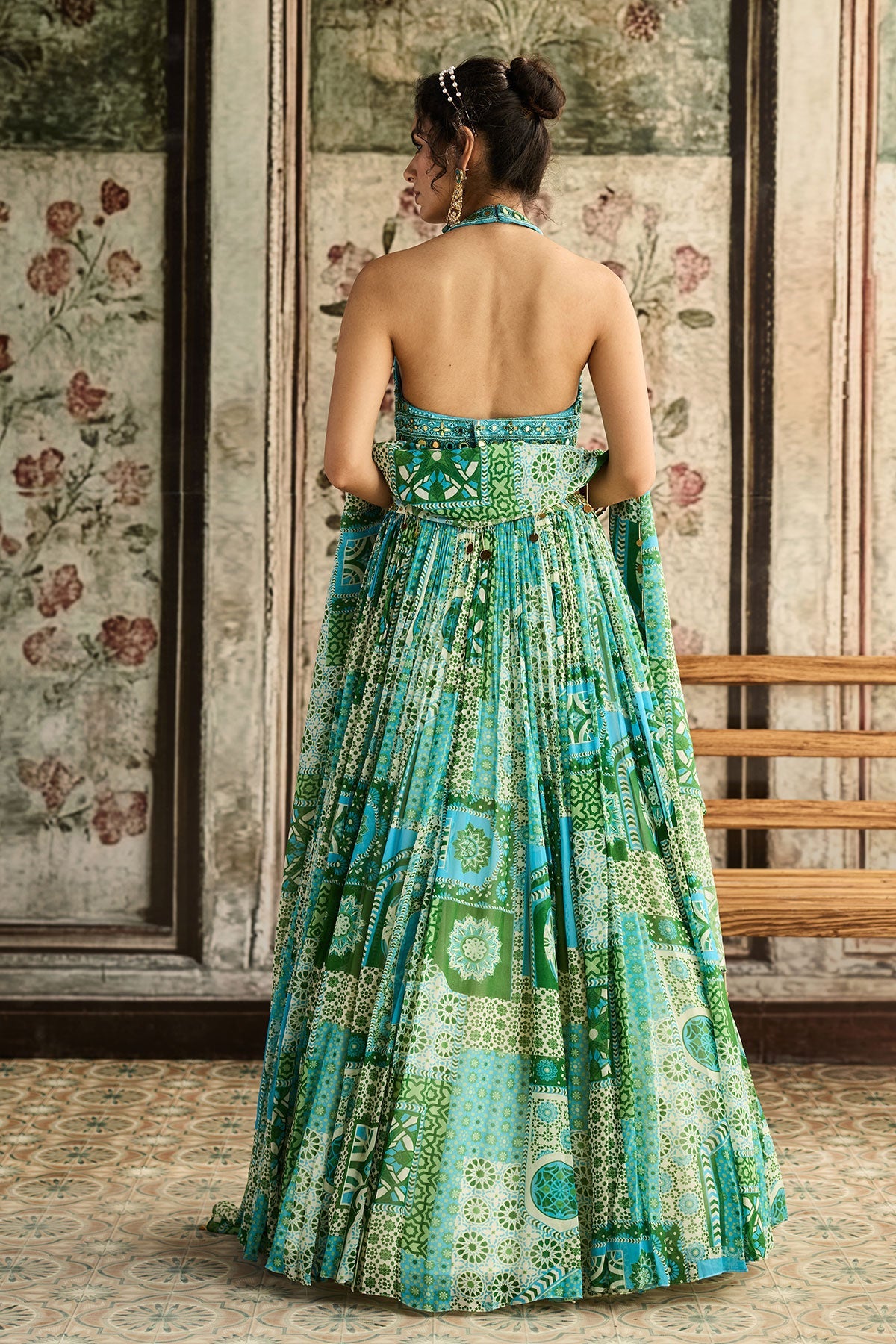 Aqua Embroidered Blouse And Aqua Print And Highlighted Lehenga Set