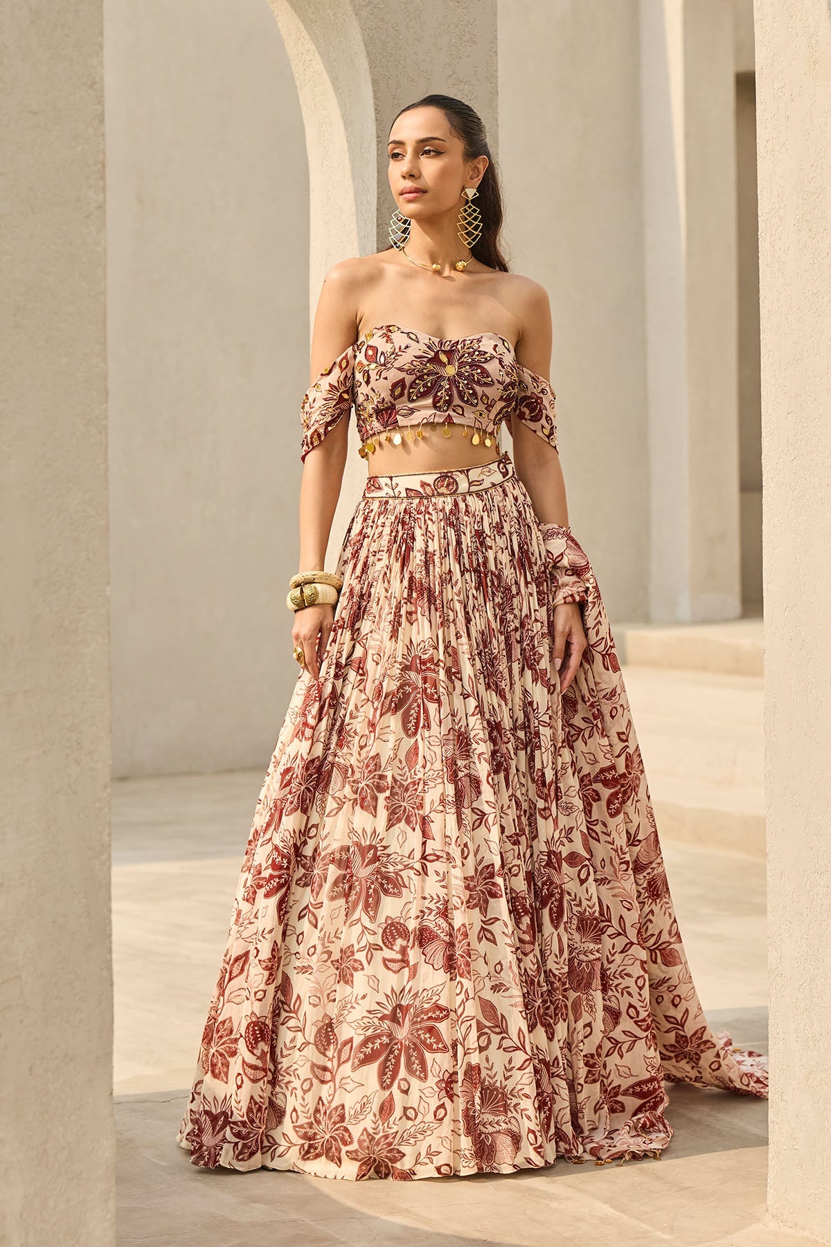 IVORY & MAROON FLORAL PRINTED LEHENGA SET - Ready To Ship