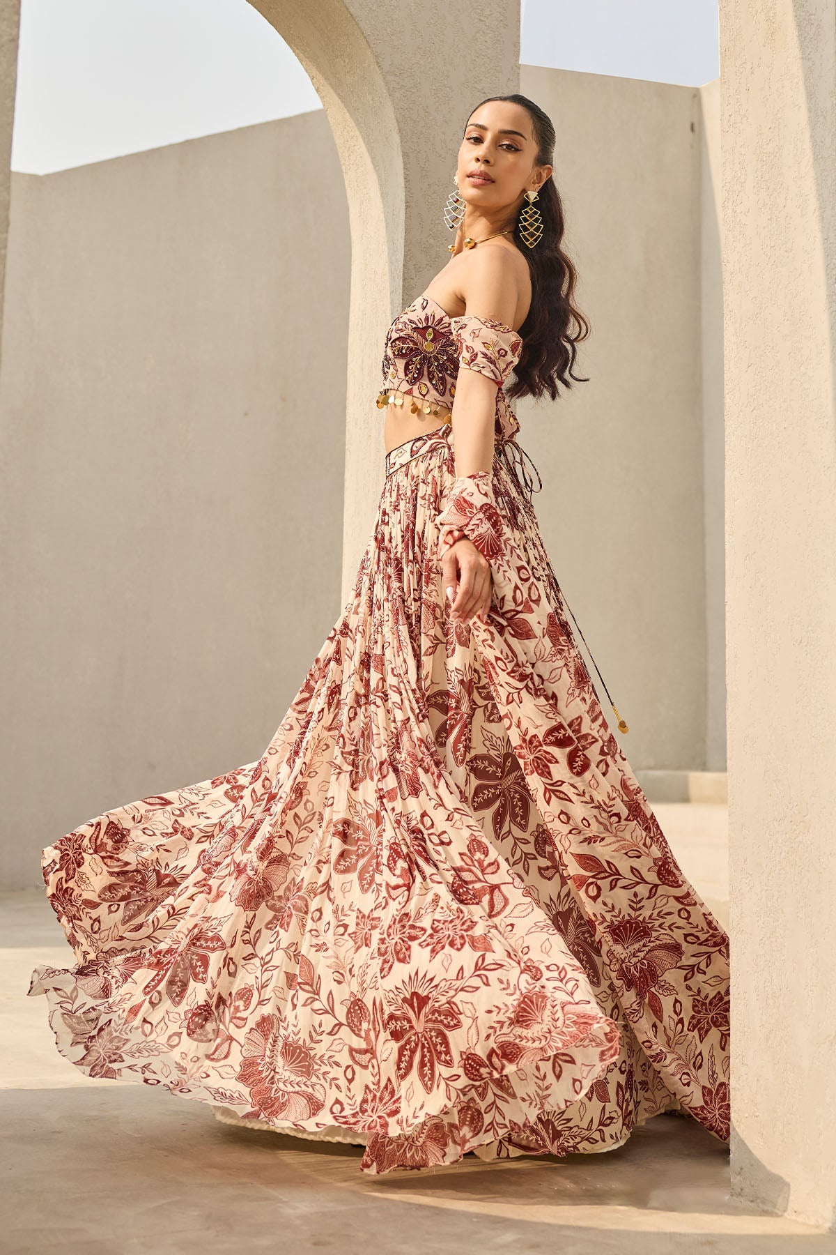 IVORY & MAROON FLORAL PRINTED LEHENGA SET - Ready To Ship