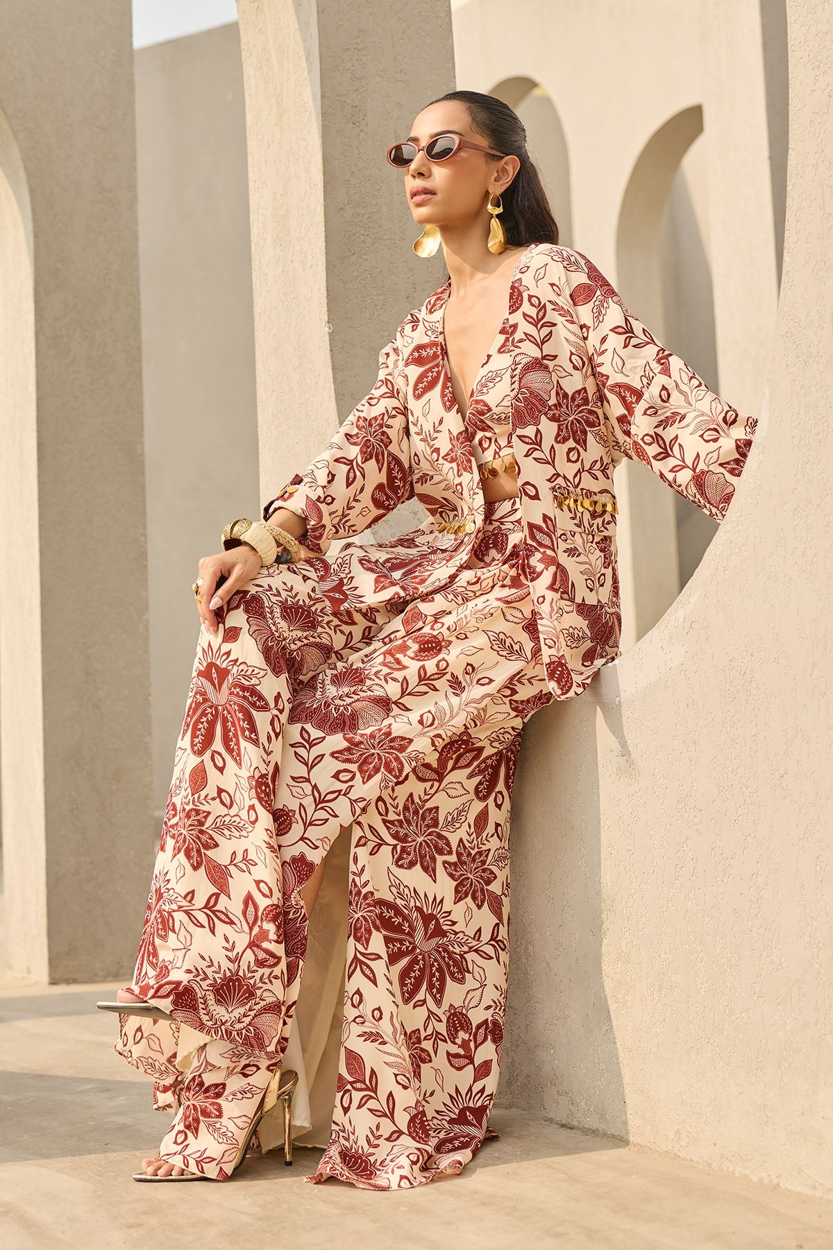 IVORY & MAROON FLORAL PRINTED JACKET SET