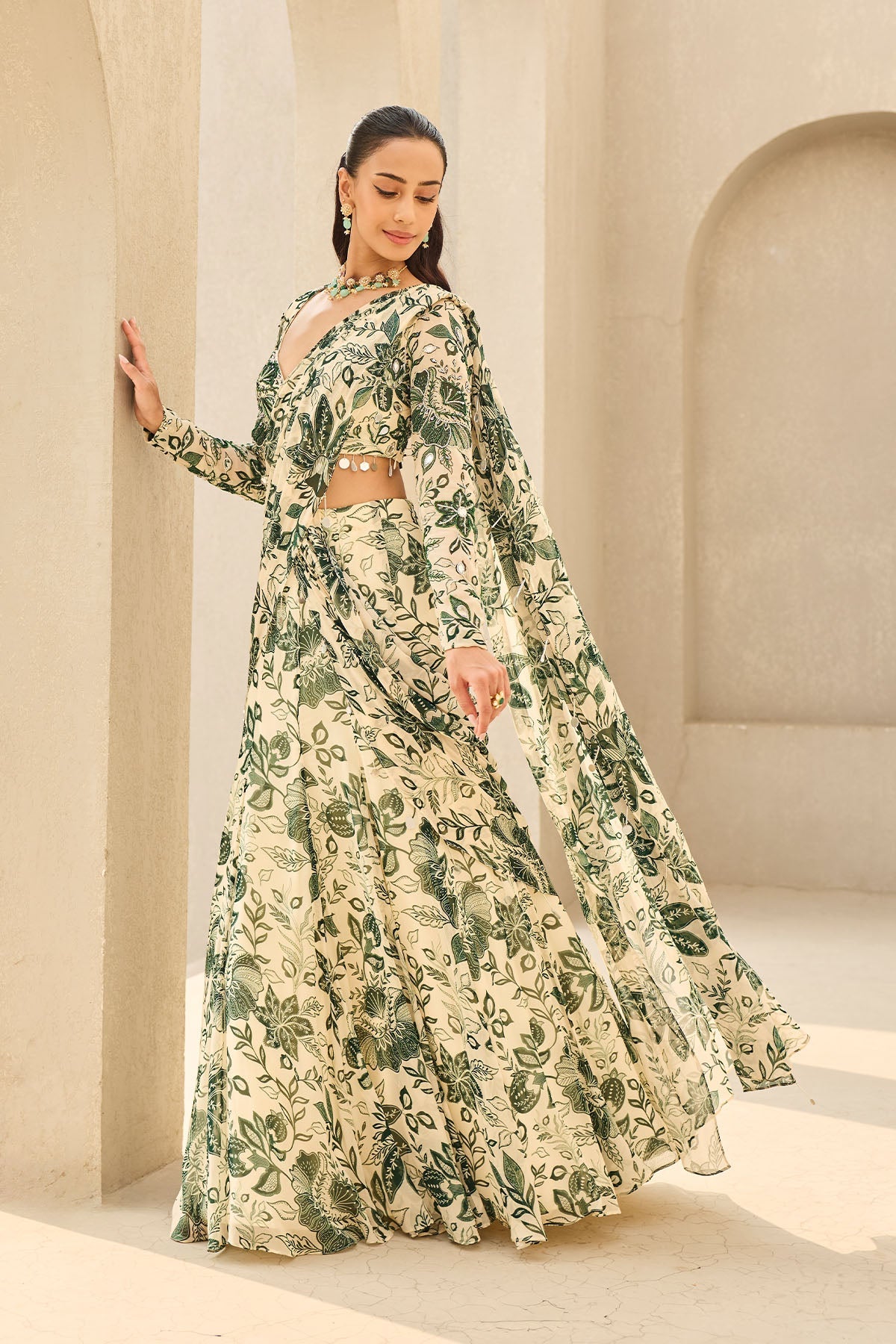 IVORY & GREEN FLORAL PRINTED SAREE SET