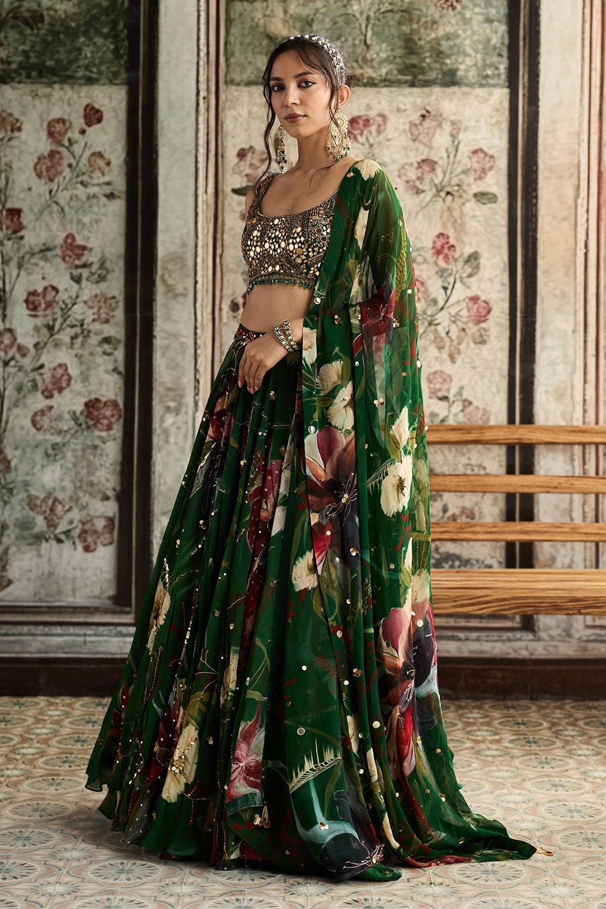 Green Floral Print And Highlighted Lehenga Set