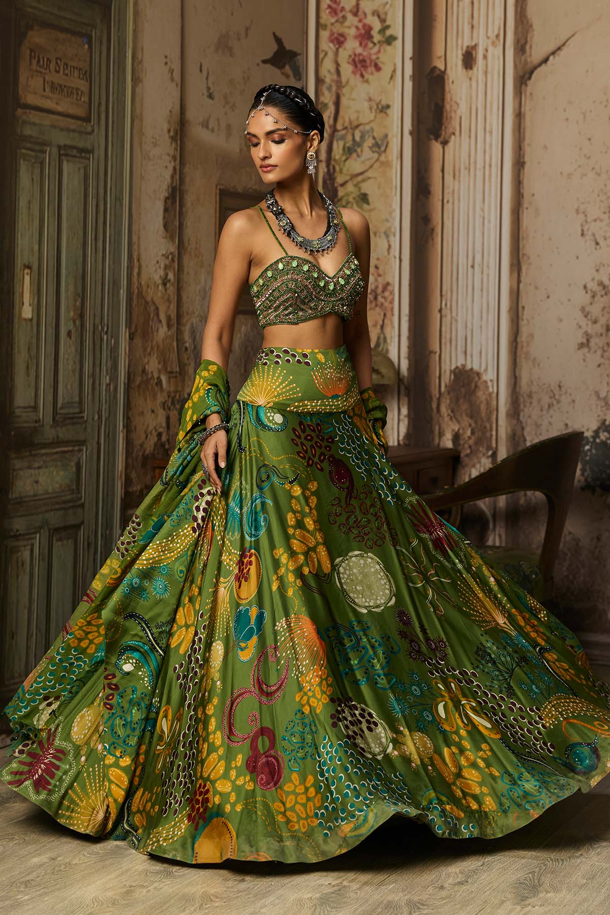 PEAR GREEN EMBROIDERED BLOUSE AND COWL SKIRT SET