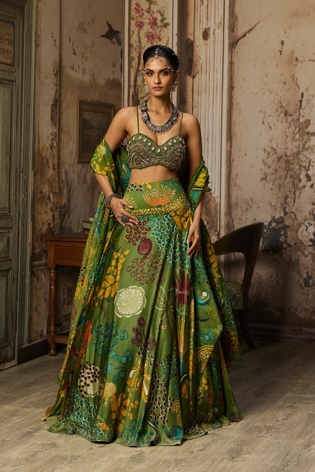 PEAR GREEN EMBROIDERED BLOUSE AND COWL SKIRT SET