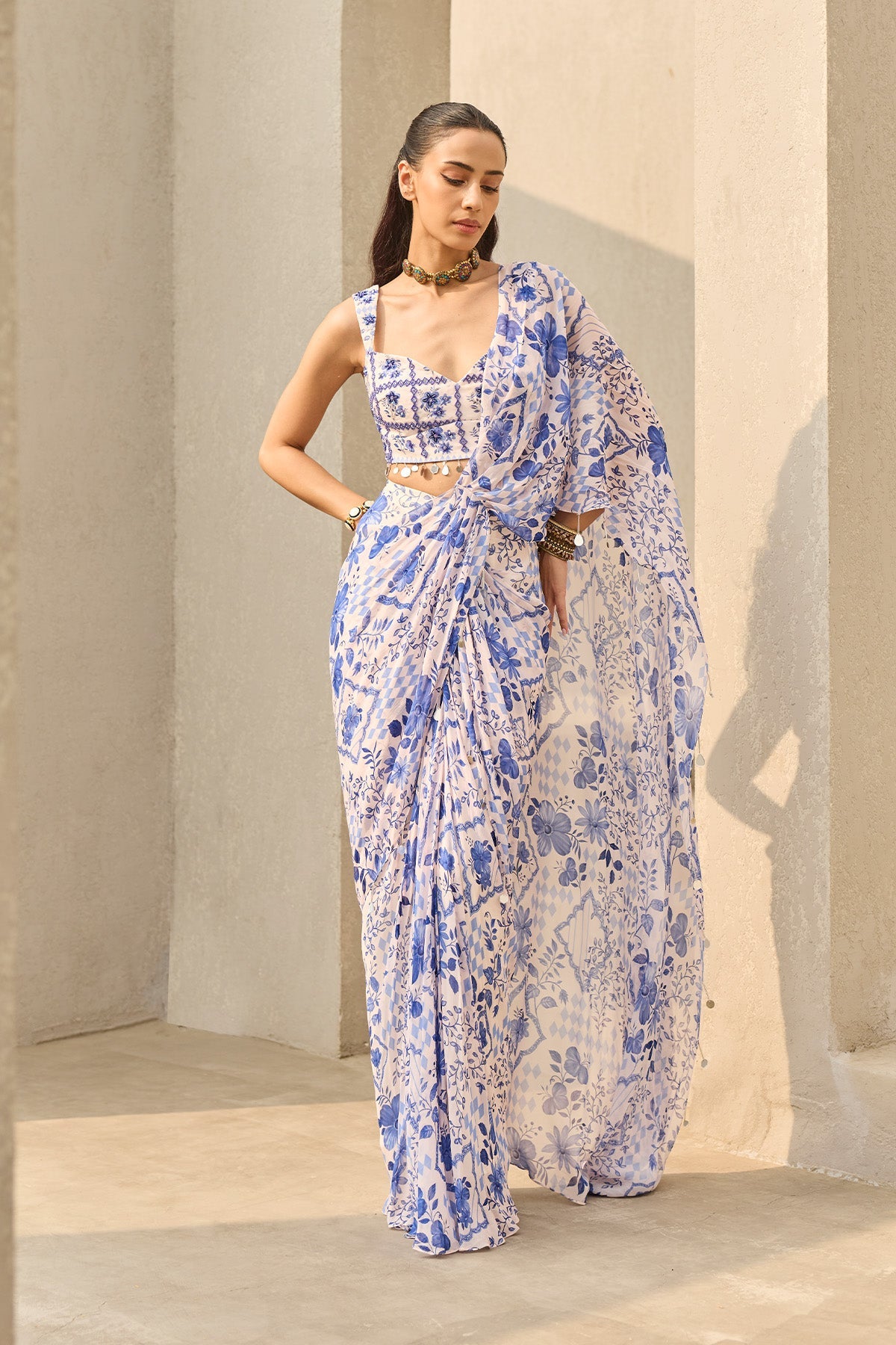 IVORY & BLUE ABSTRACT FLORAL PRINTED SAREE SET - Ready To Ship