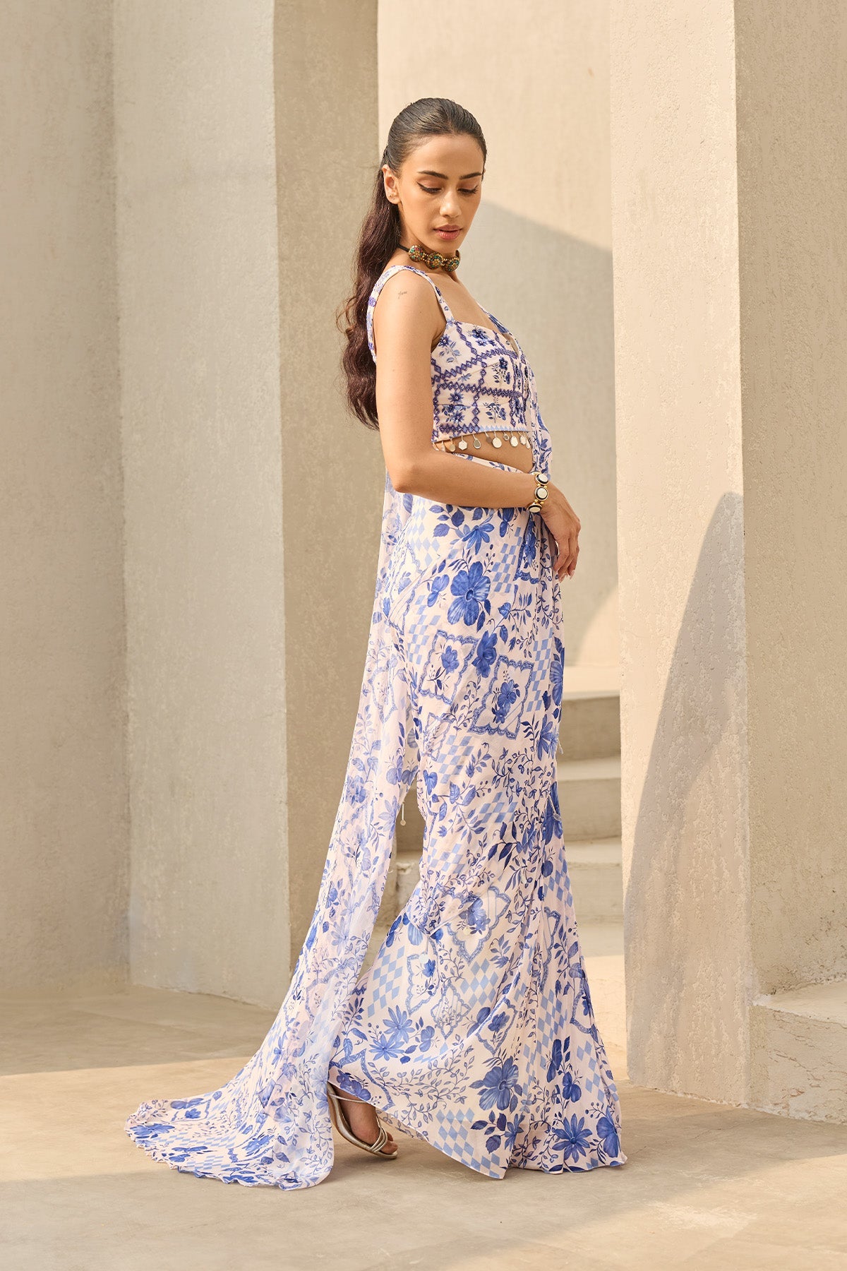 IVORY & BLUE ABSTRACT FLORAL PRINTED SAREE SET - Ready To Ship
