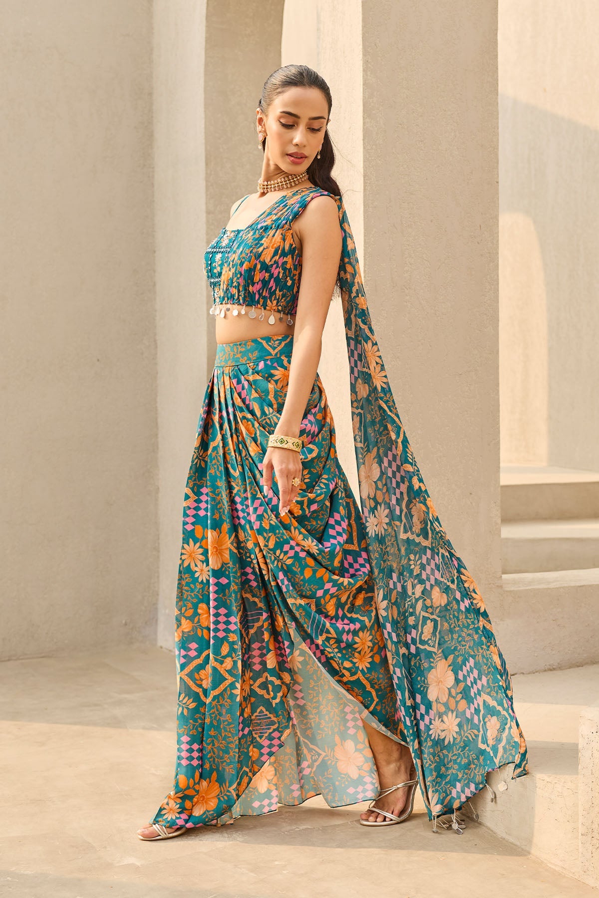 TEAL ABSTRACT FLORAL PRINTED SAREE SET