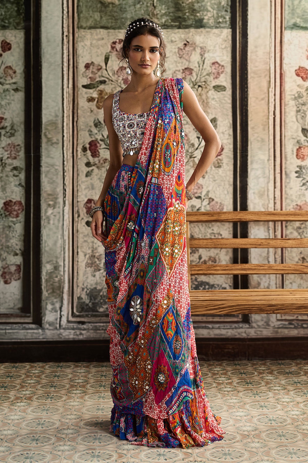 Multi-Color Print And Highlighted Square Neck Blouse With Tiered Skirt Saree Set - Ready To Ship