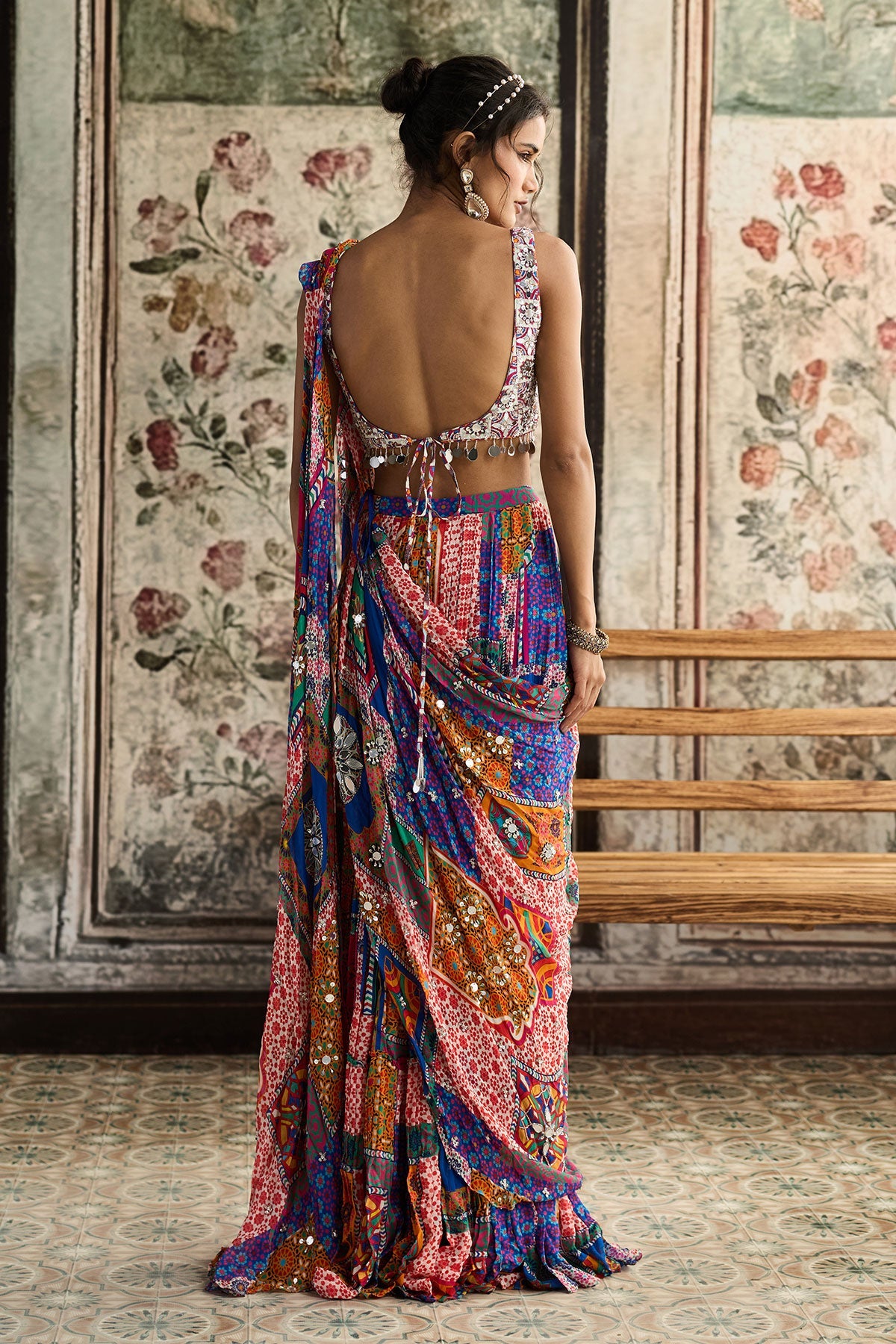 Multi-Color Print And Highlighted Square Neck Blouse With Tiered Skirt Saree Set