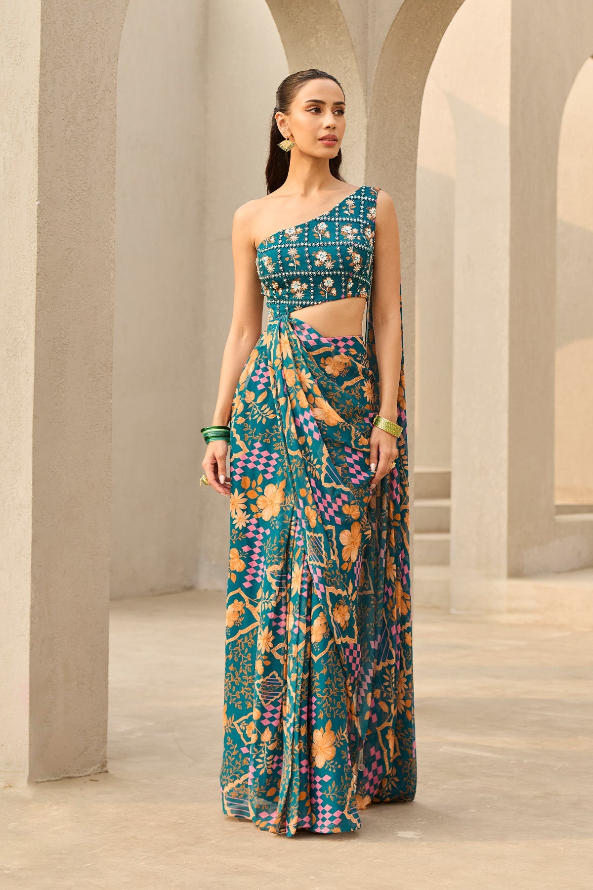 TEAL & RUST FLORAL PRINTED SHARARA SET