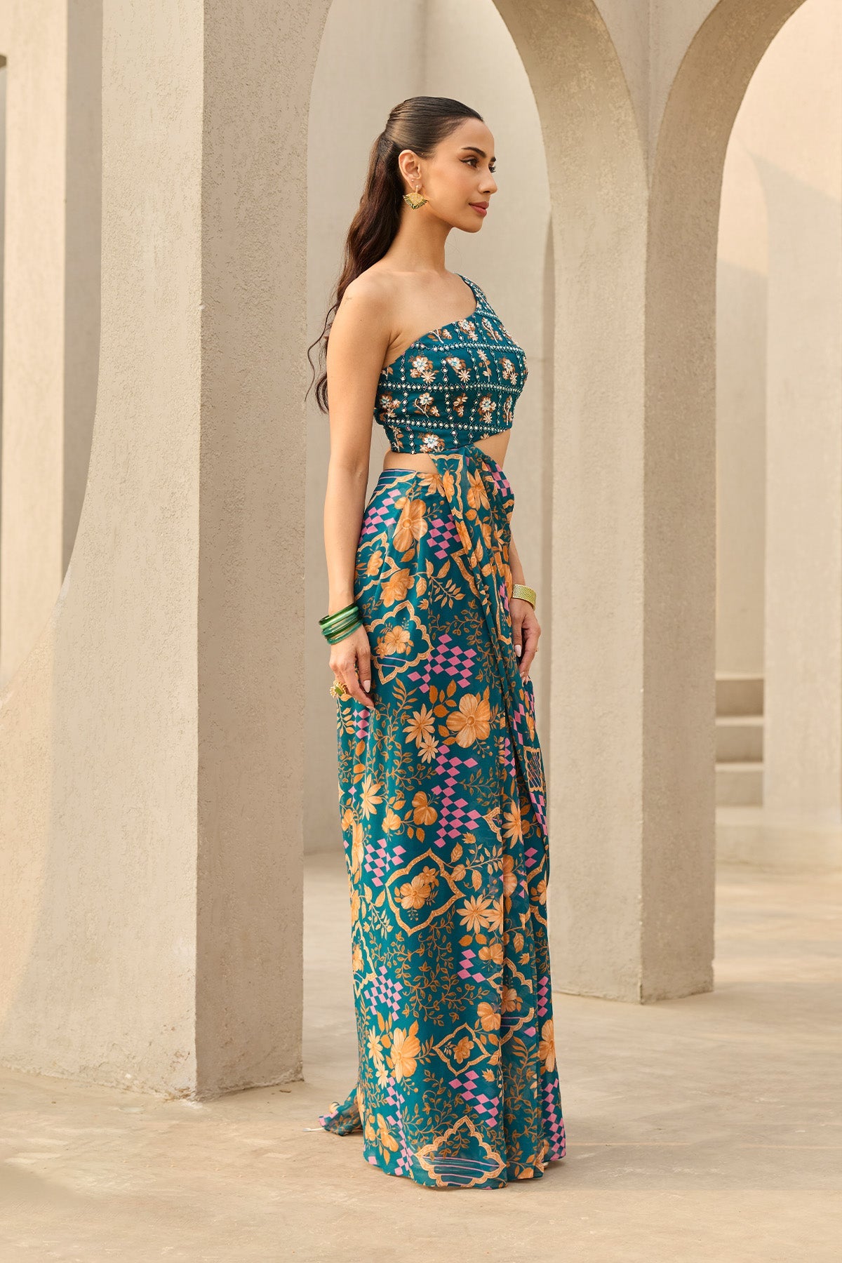 TEAL & RUST FLORAL PRINTED SHARARA SET