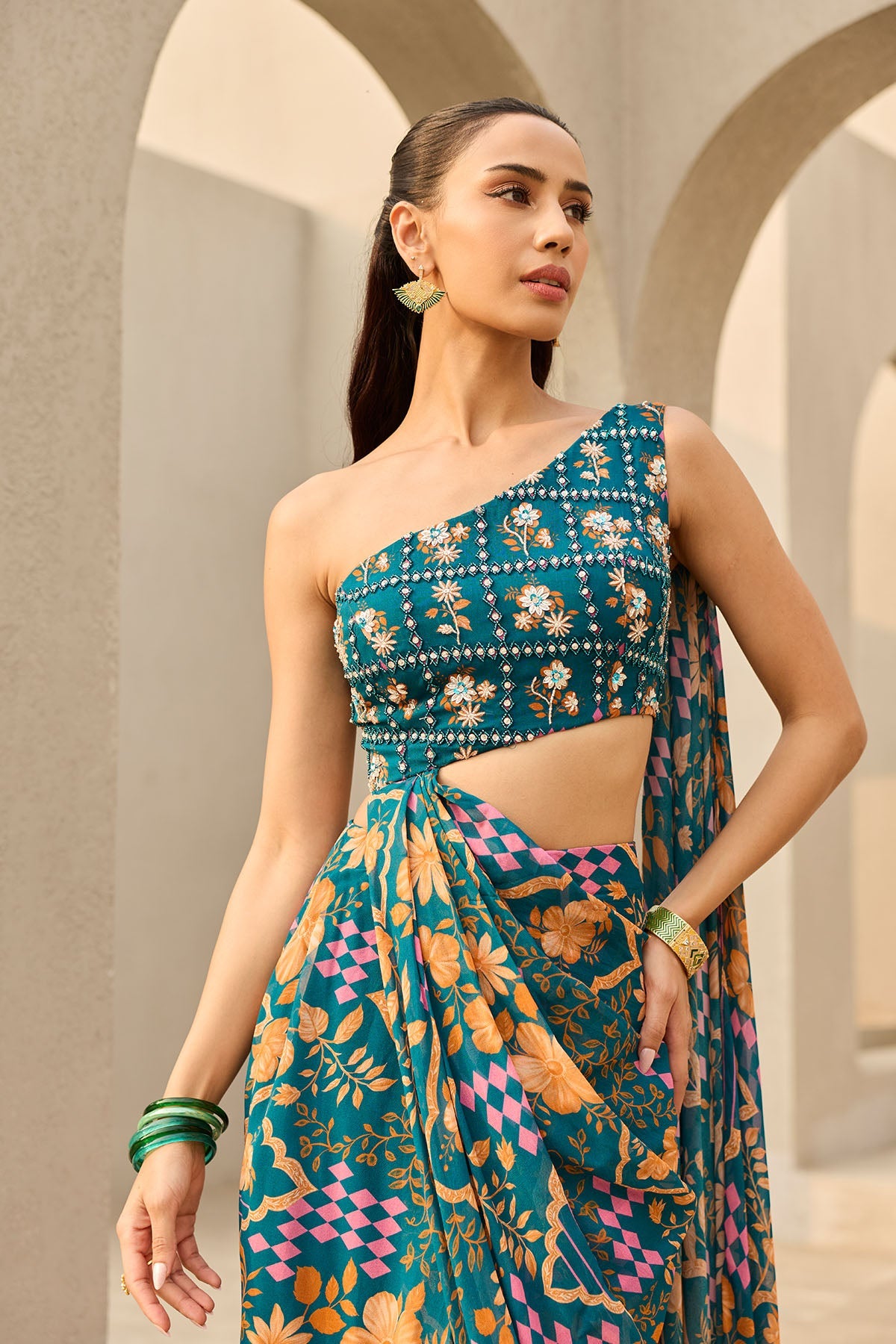 TEAL & RUST FLORAL PRINTED SHARARA SET