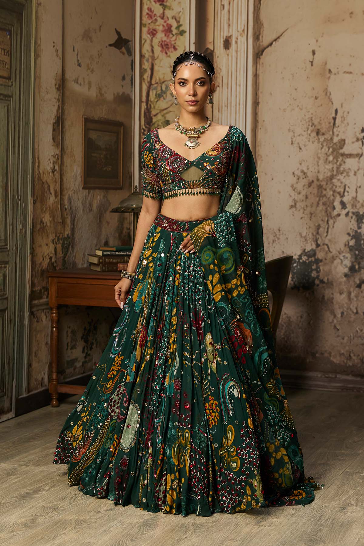 DARK GREEN PRINTED AND HIGHLIGHTED LEHENGA SET