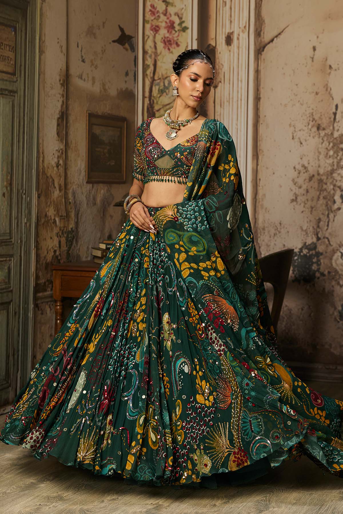 DARK GREEN PRINTED AND HIGHLIGHTED LEHENGA SET