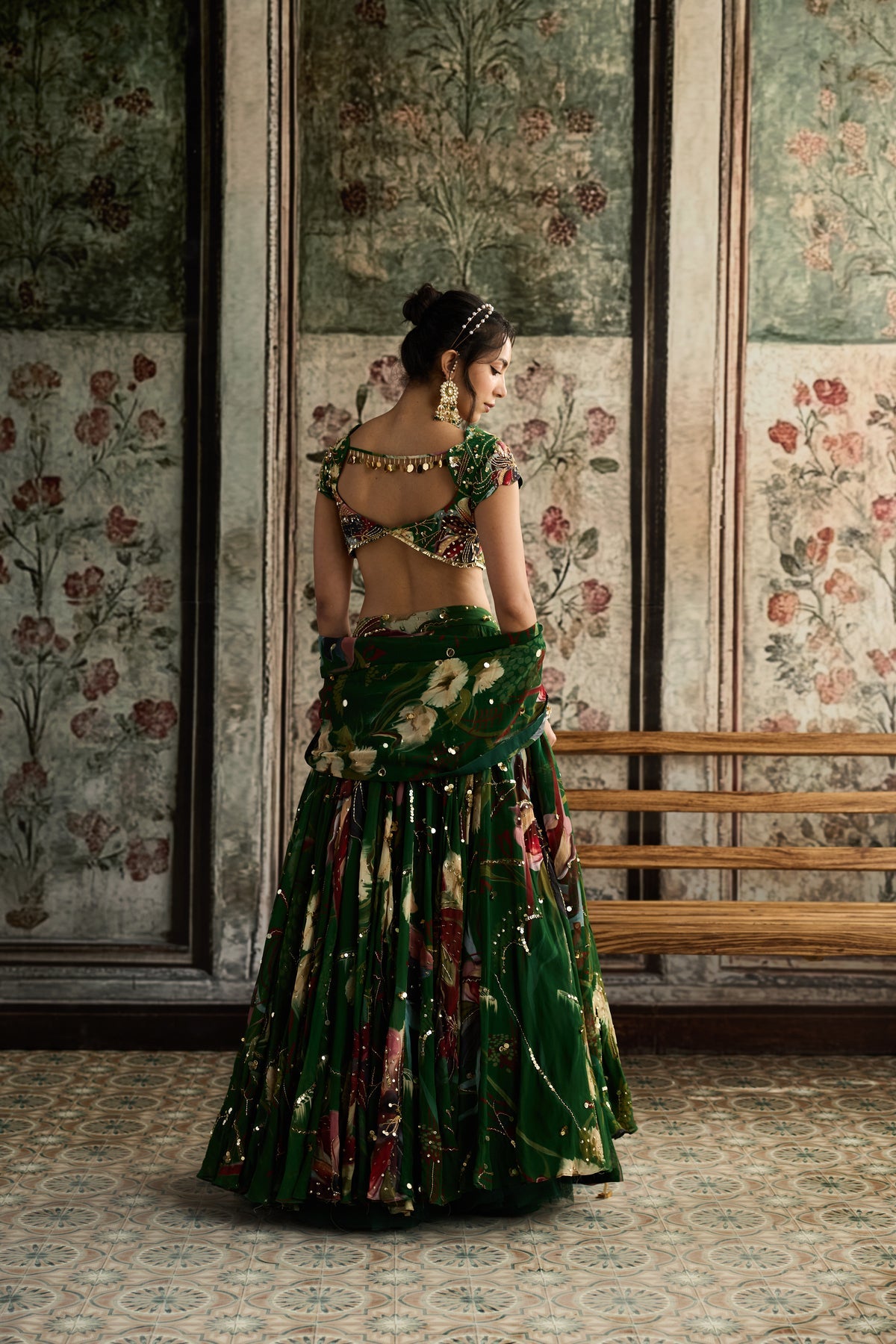 Green Floral Print And Highlighted Lehenga Set
