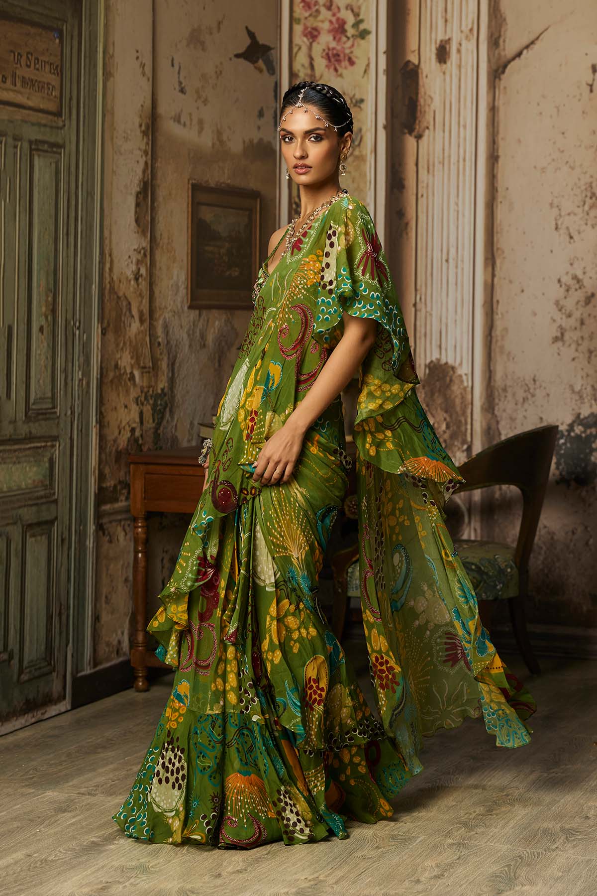 PEAR GREEN PRINTED AND HIGHLIGHTED RUFFLE SKIRT SAREE SET