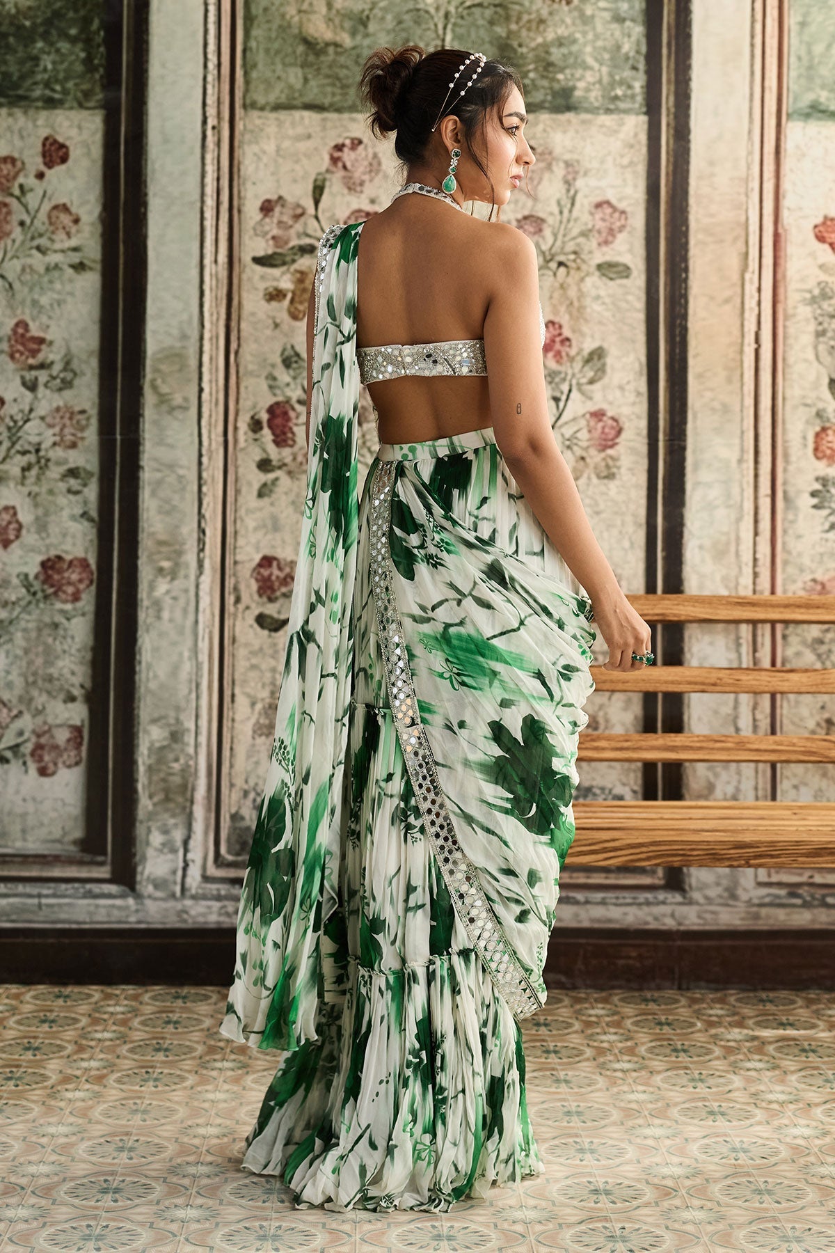 Ivory & Green Floral Print And Highlighted Border Skirt Saree Set