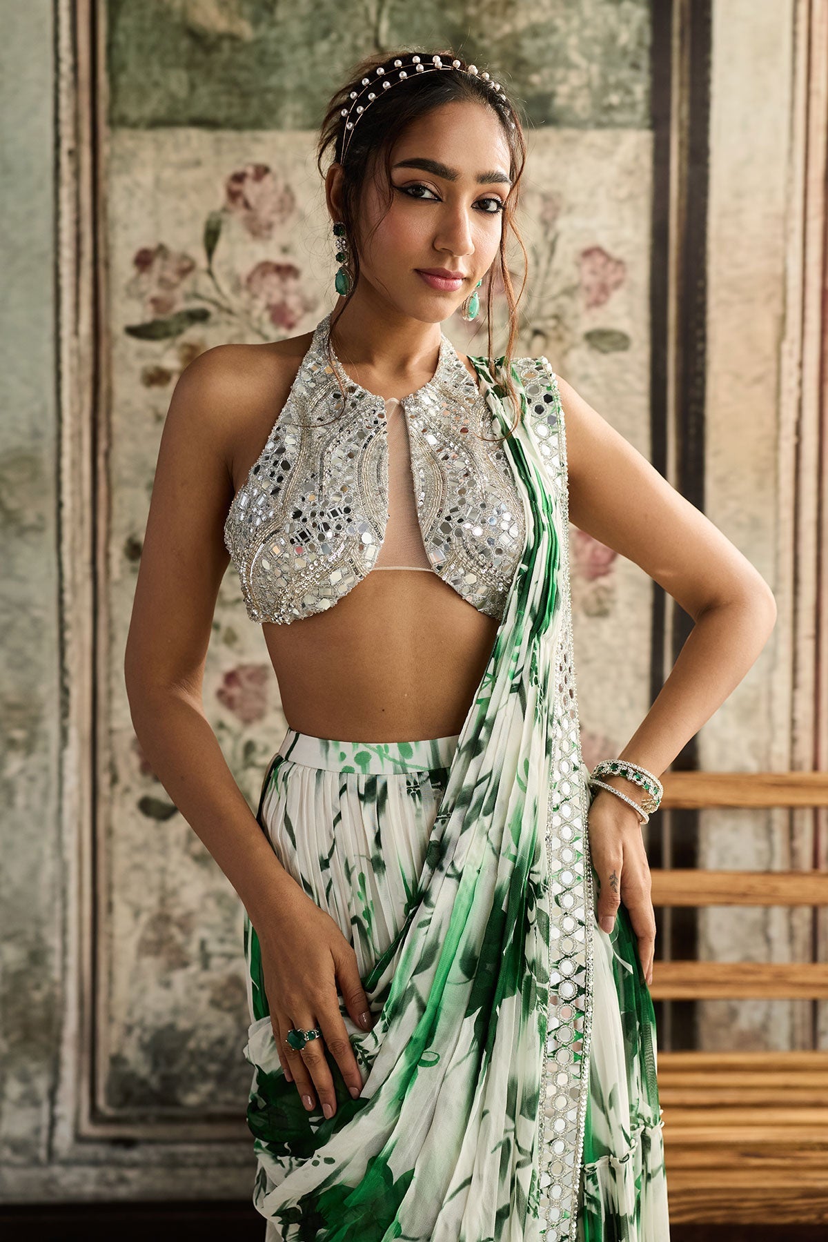 Ivory & Green Floral Print And Highlighted Border Skirt Saree Set