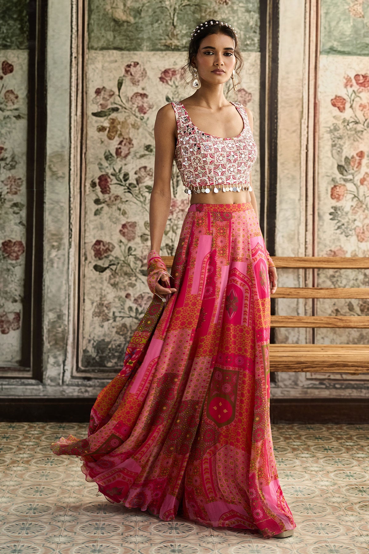 Ivory Butta Print And Highlighted Square Neck Blouse With Yellow-Fuschia Print Sharara Set