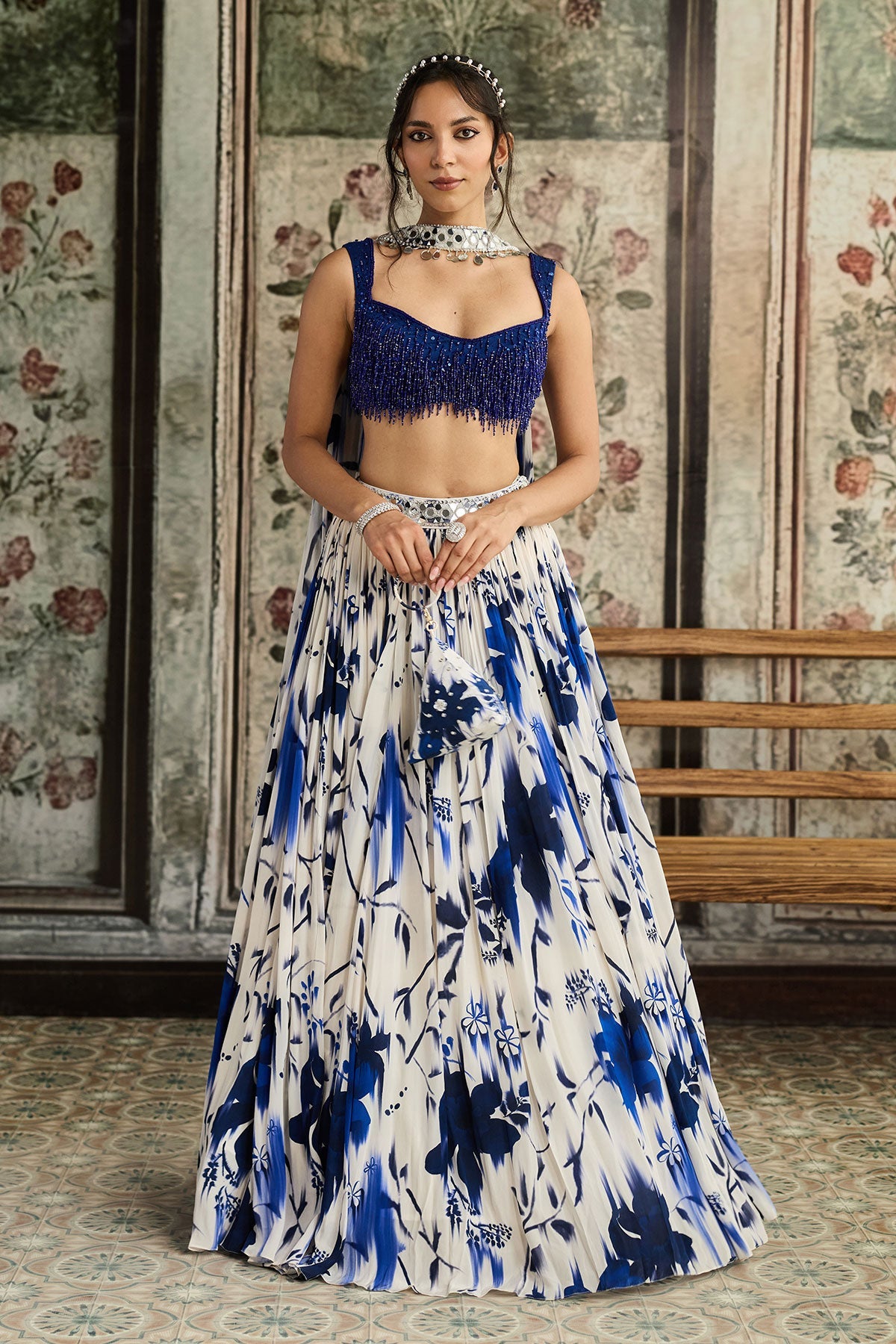 Ivory & Blue Floral Printed Lehenga Set