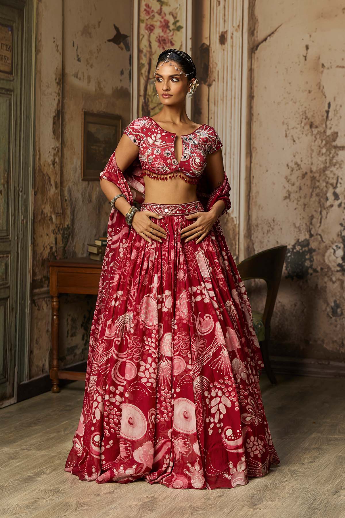 SCARLET RED PRINTED AND HIGHLIGHTED LEHENGA SET