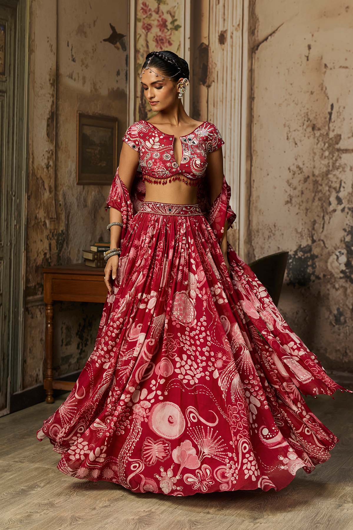 SCARLET RED PRINTED AND HIGHLIGHTED LEHENGA SET