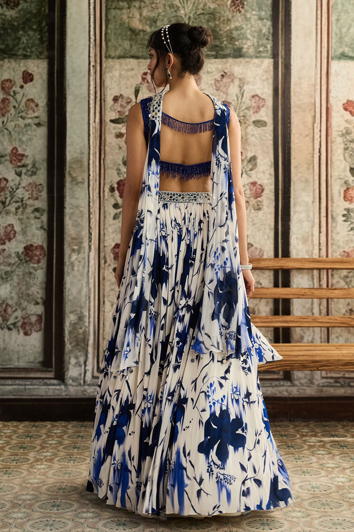 Ivory & Blue Floral Printed Lehenga Set