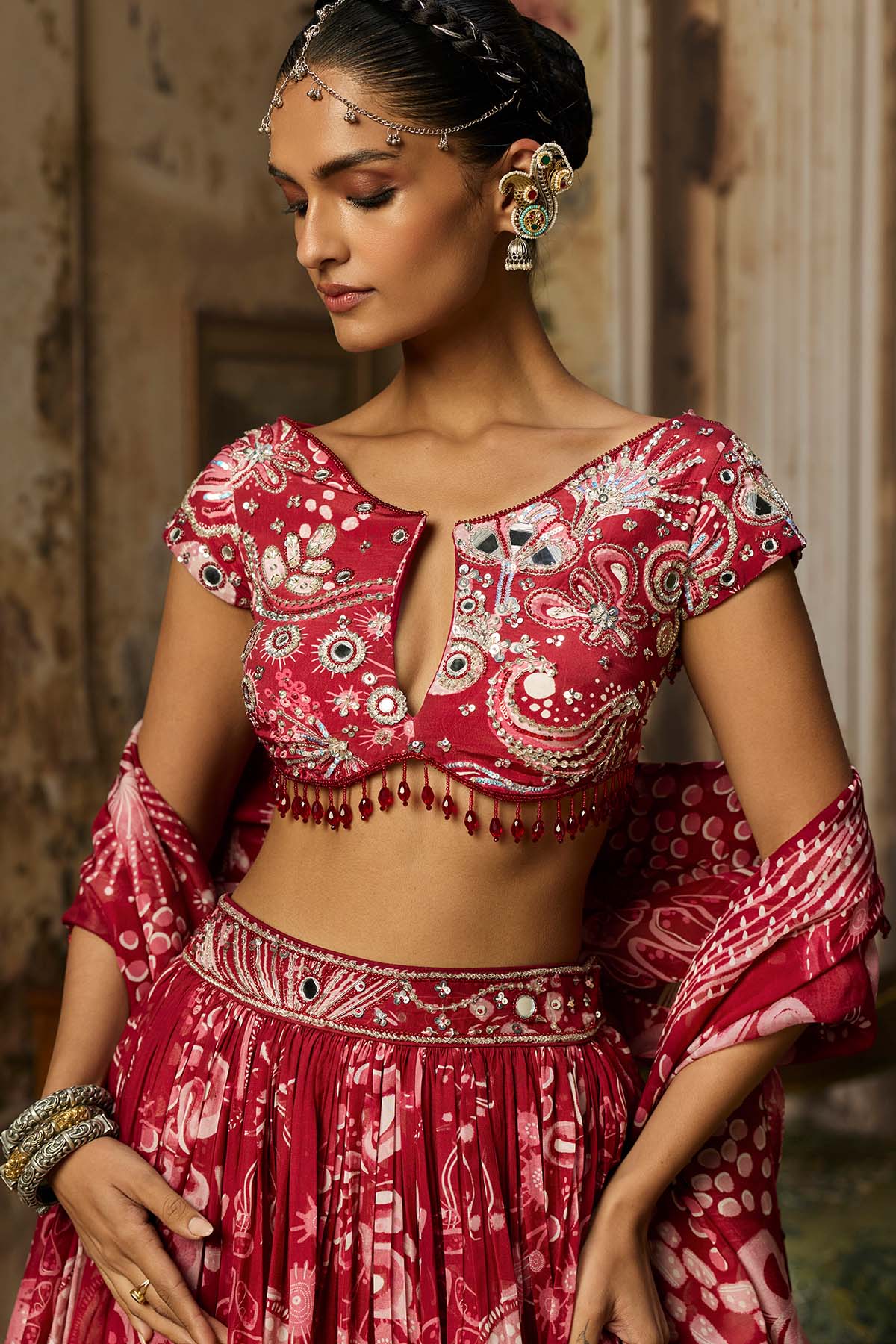 SCARLET RED PRINTED AND HIGHLIGHTED LEHENGA SET