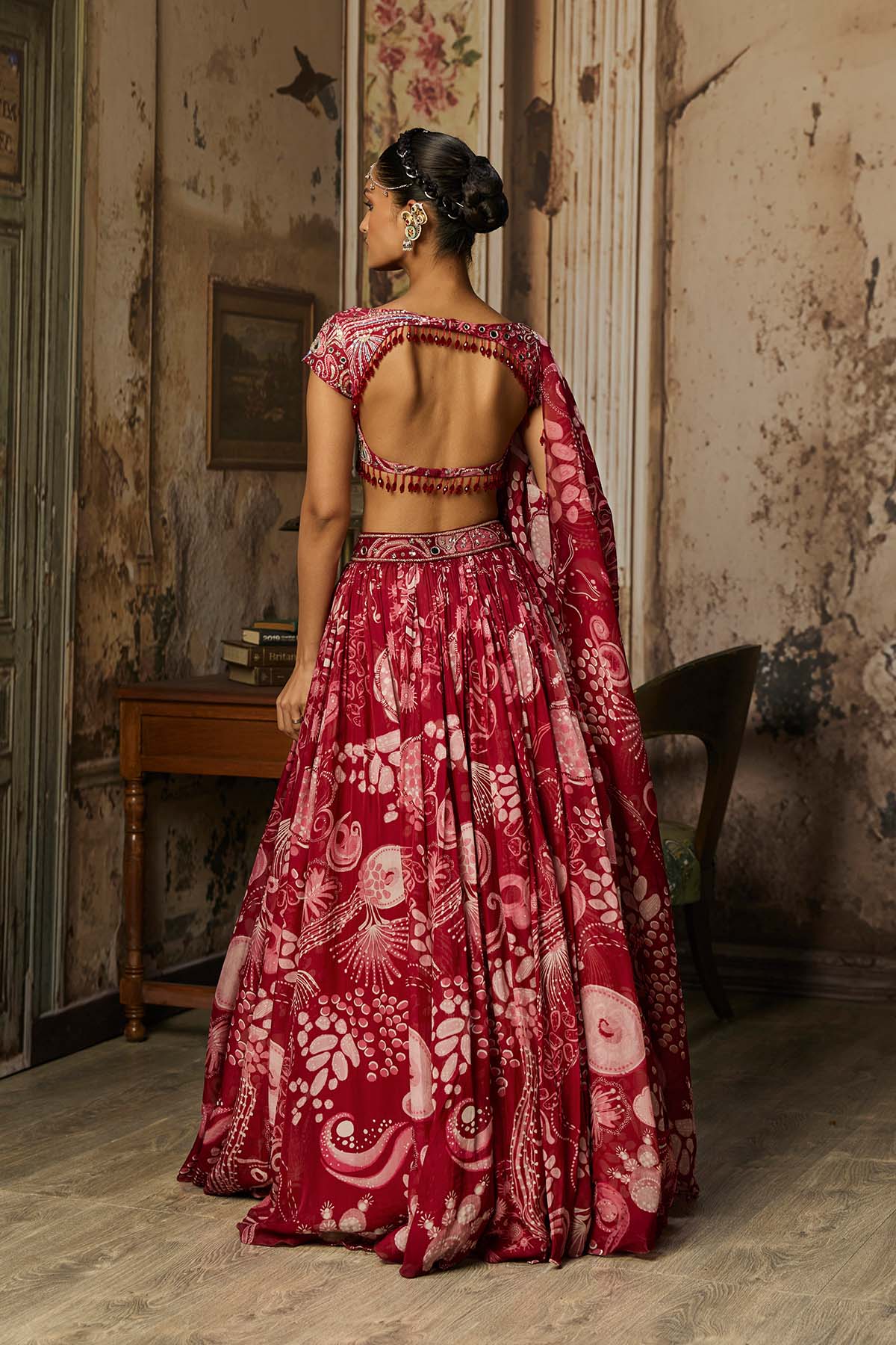SCARLET RED PRINTED AND HIGHLIGHTED LEHENGA SET