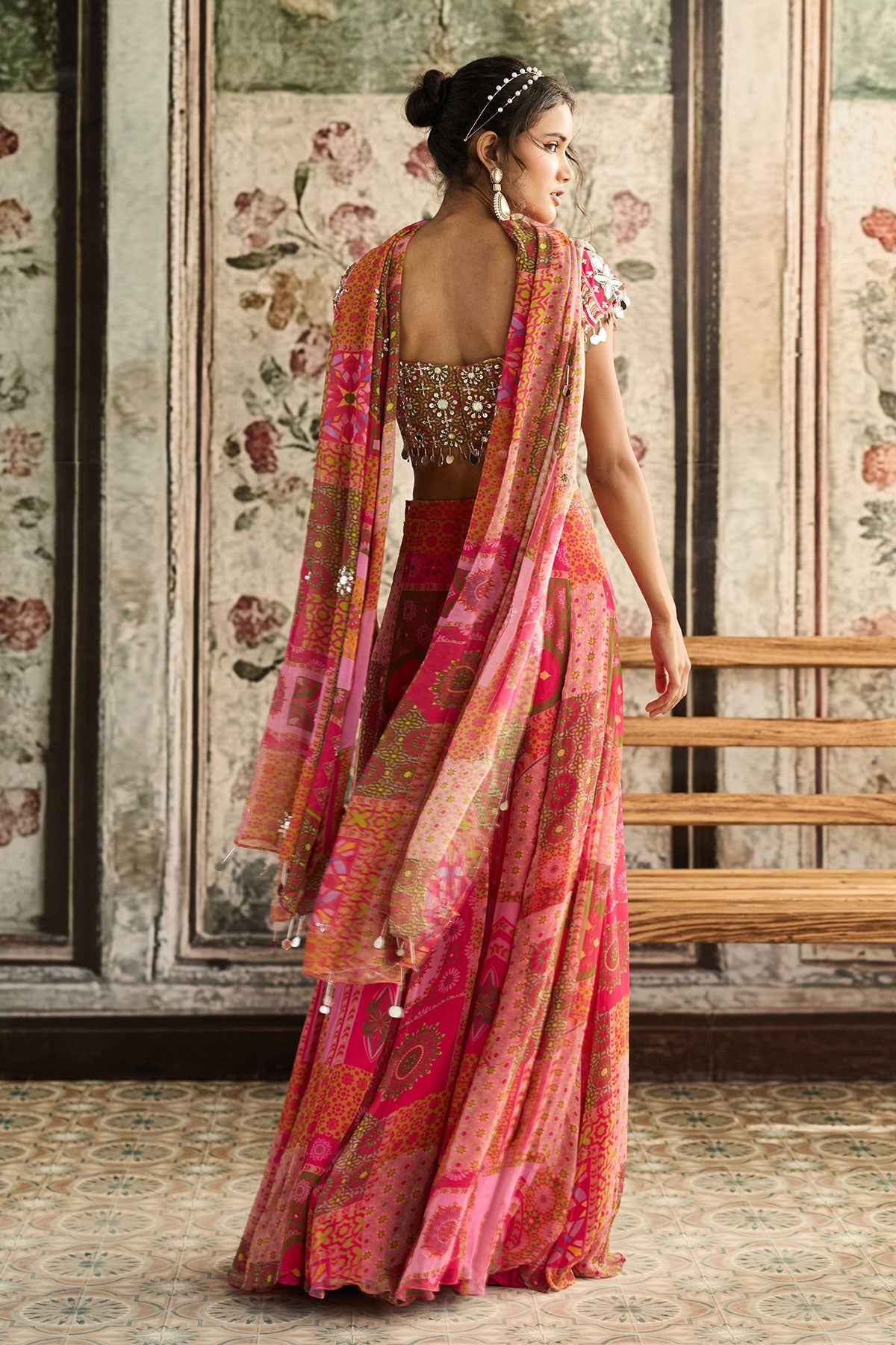 Yellow-Fuschia Print And Highlighted Sharara Set