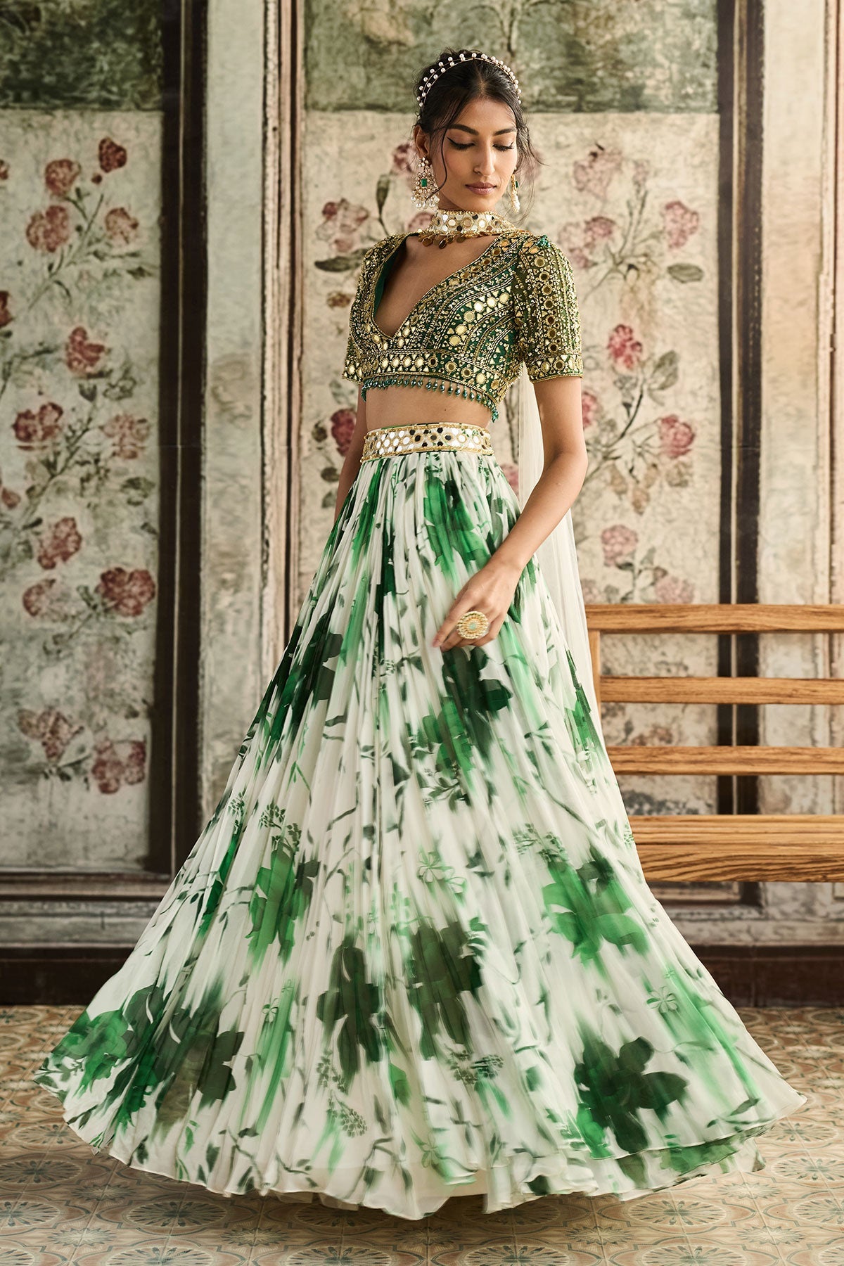 Ivory & Green Floral Printed Lehenga Set