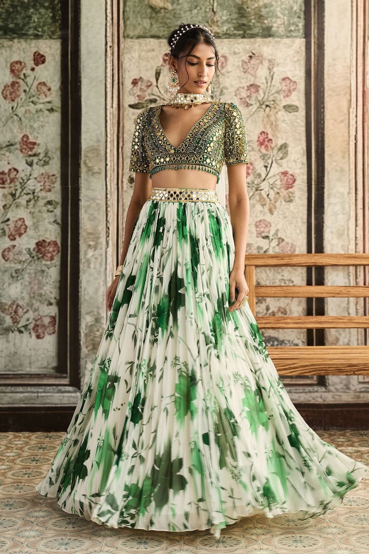 Ivory & Green Floral Printed Lehenga Set