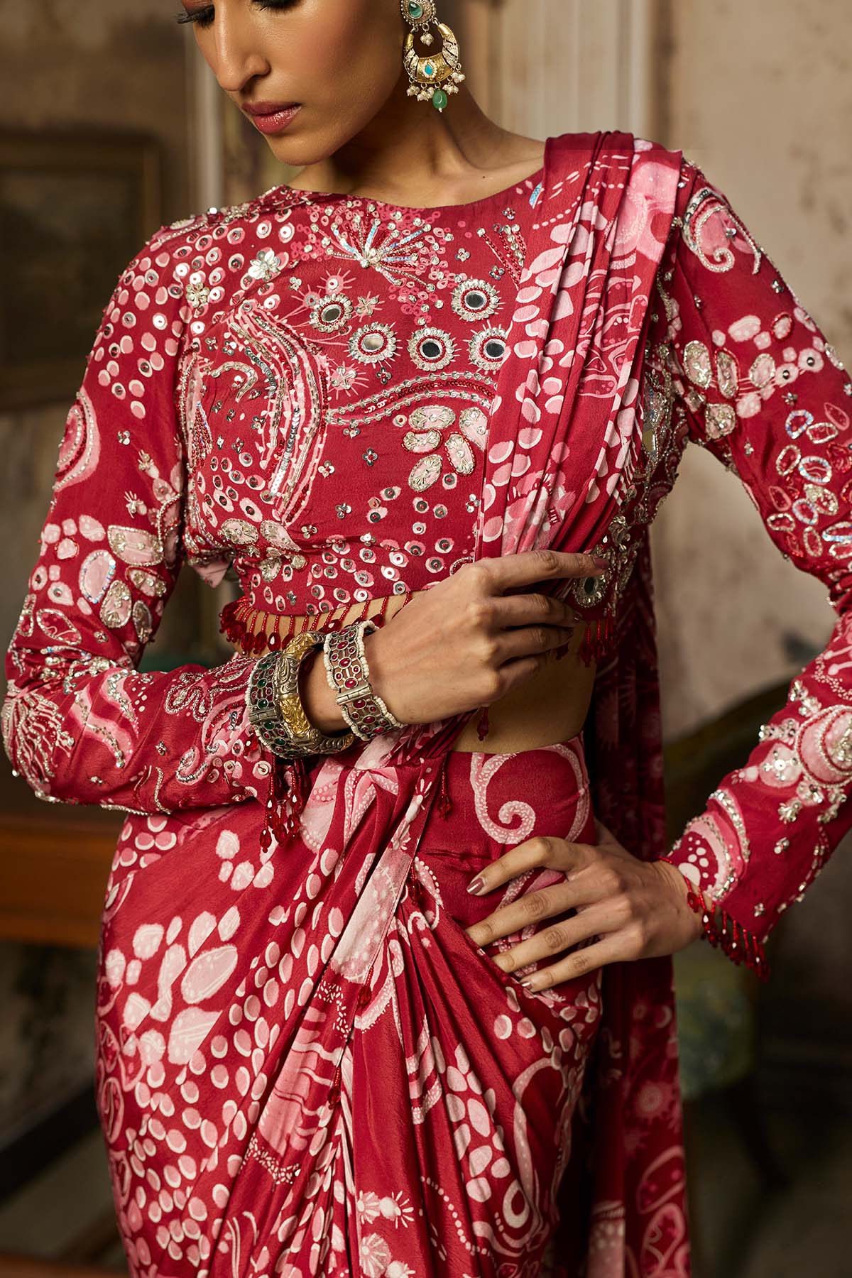 SCARLET RED PRINTED AND HIGHLIGHTED DHOTI SKIRT SAREE SET