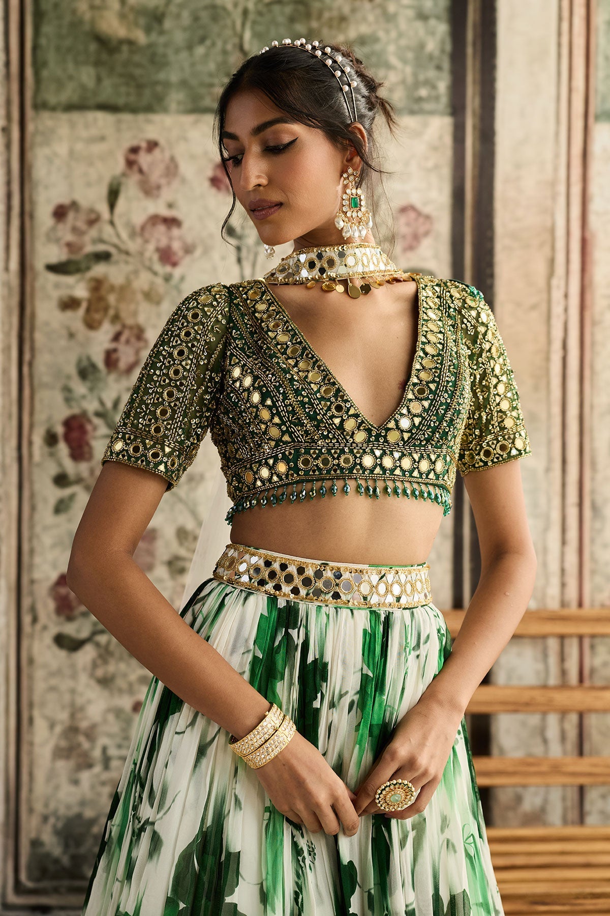 Ivory & Green Floral Printed Lehenga Set
