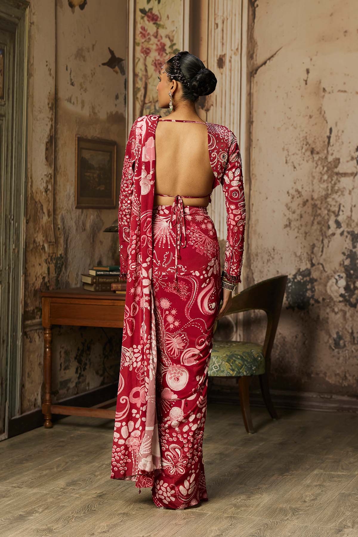 SCARLET RED PRINTED AND HIGHLIGHTED DHOTI SKIRT SAREE SET
