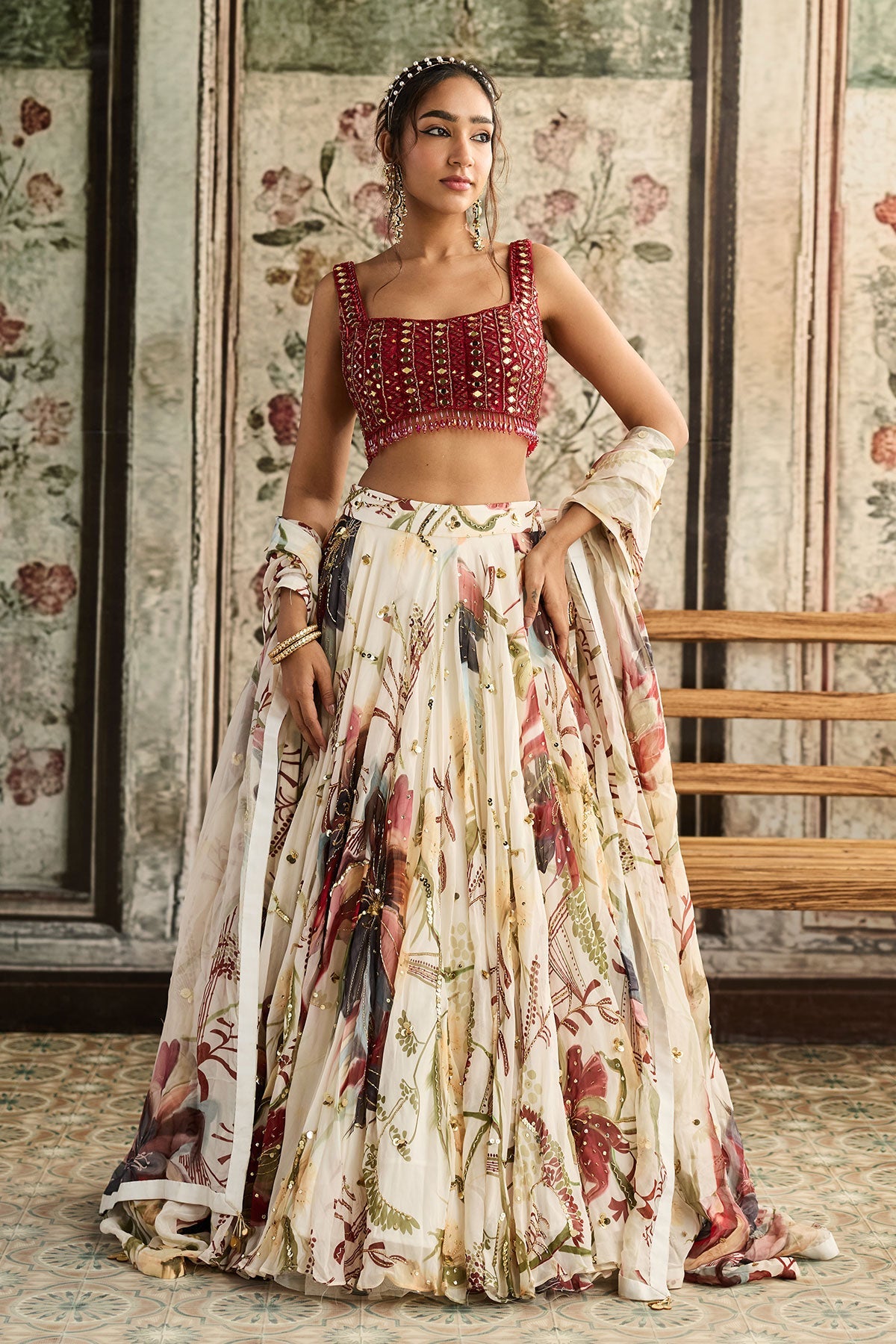 Ivory Floral Print And Highlighted Lehenga Set