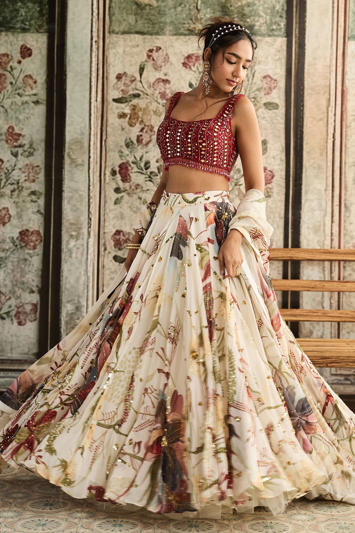Ivory Floral Print And Highlighted Lehenga Set