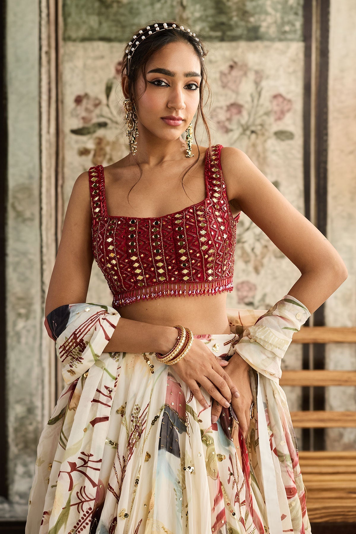 Ivory Floral Print And Highlighted Lehenga Set